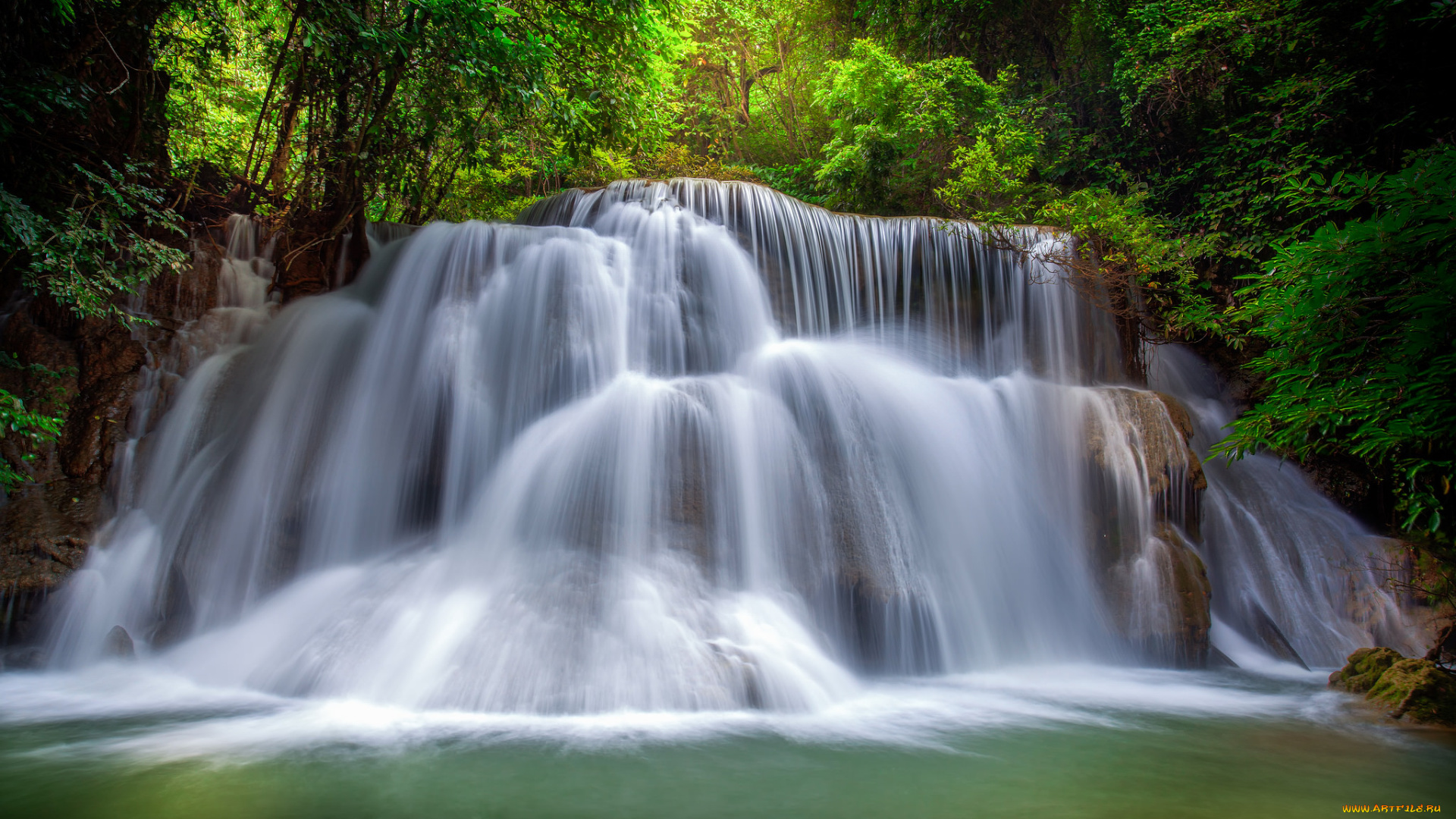 природа, водопады, лес, река, водопад