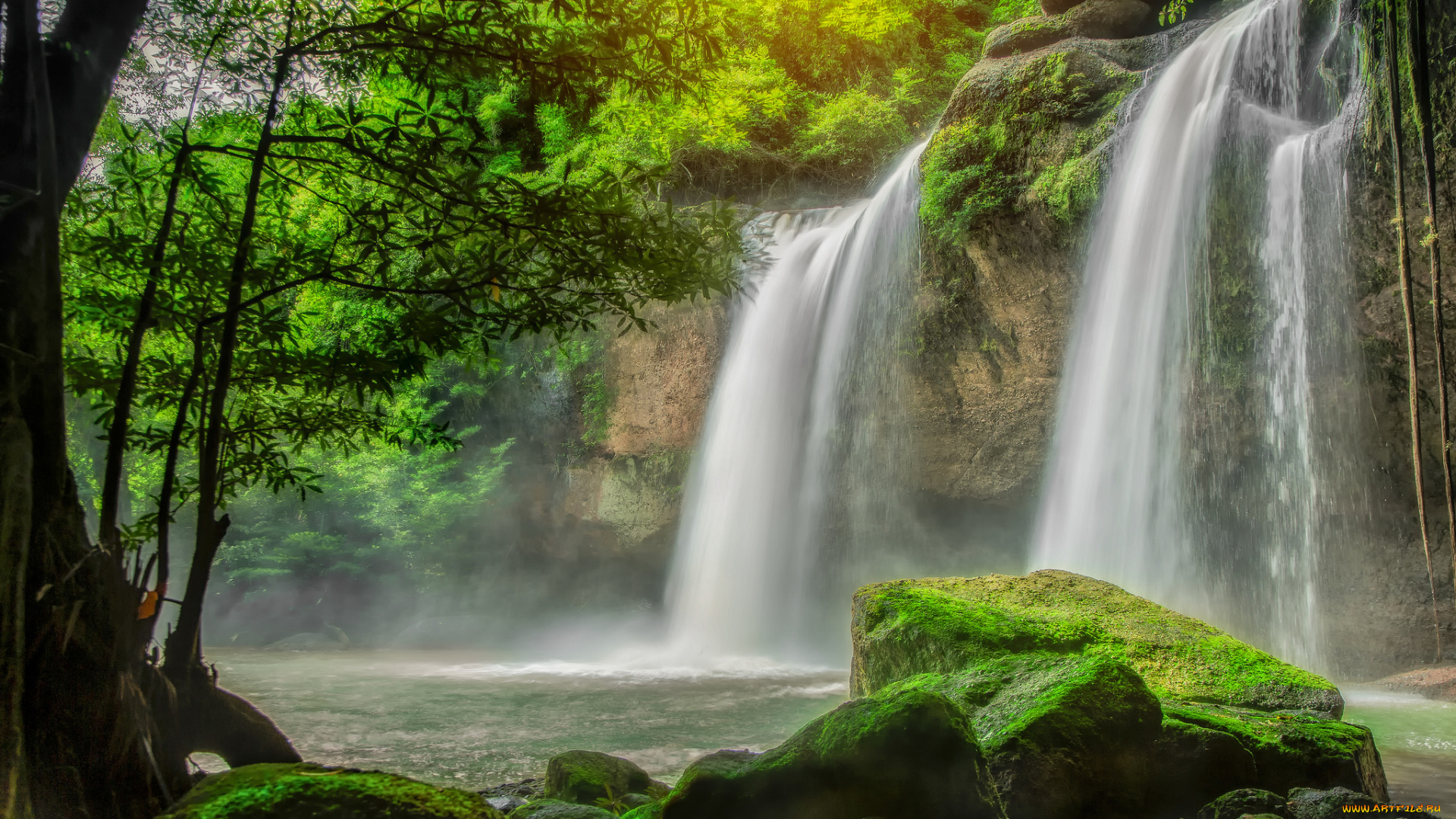 природа, водопады, лес, река, водопад