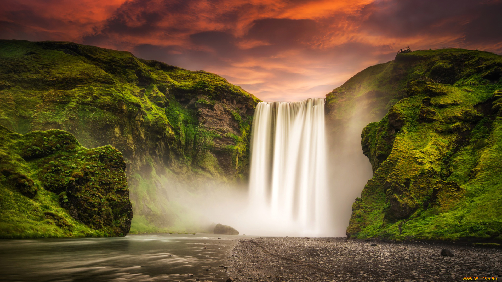 природа, водопады, небо, закат, река, горы, скогафосс, водопад, исландия, skogafoss, iceland