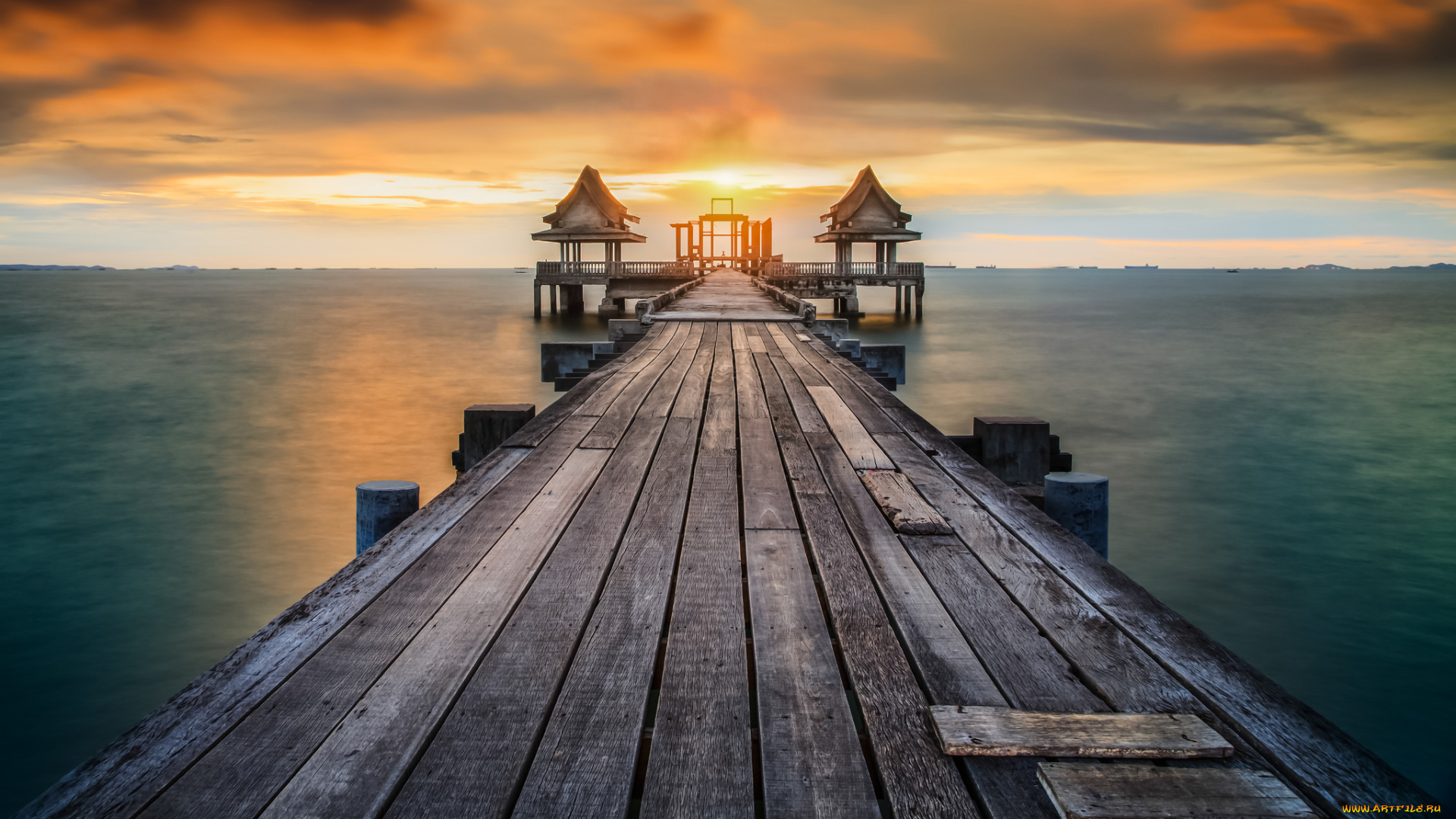 природа, восходы, закаты, океан, мост, зарево