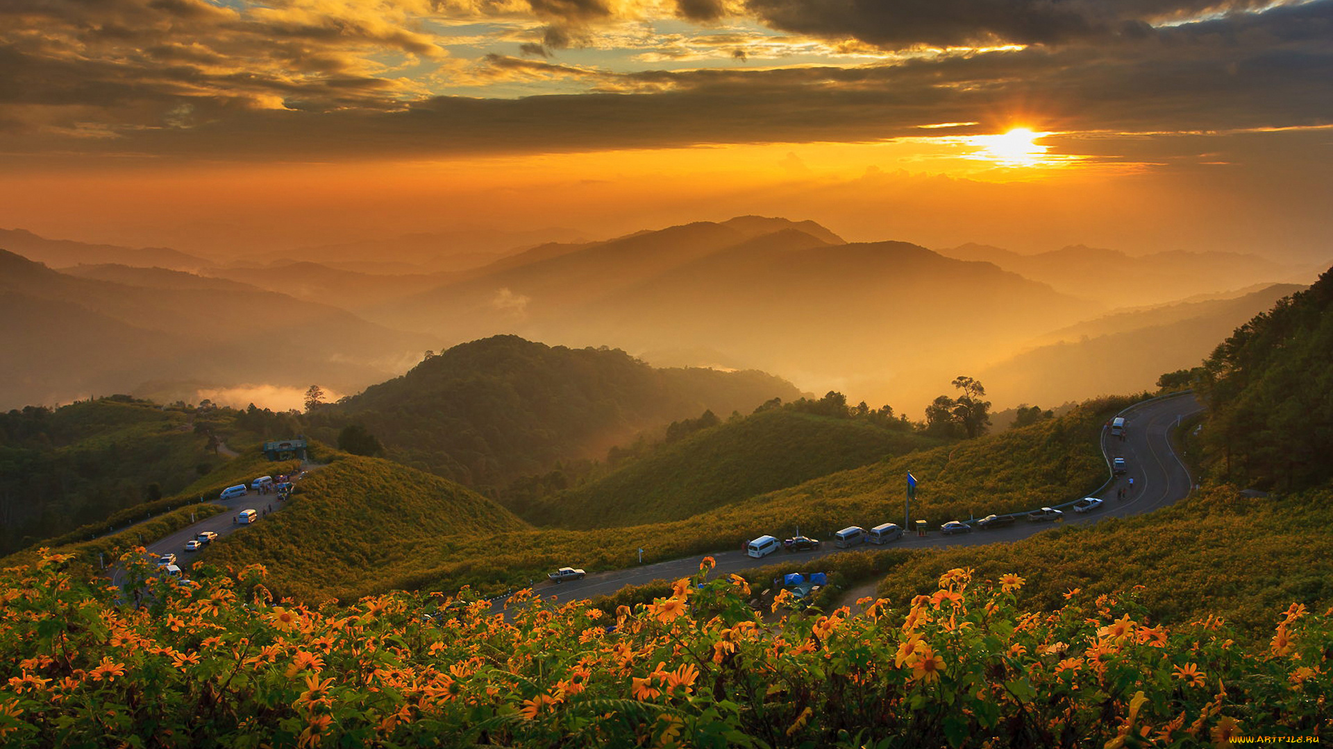 природа, восходы, закаты, солнце, дорога, таиланд, цветы, закат, облака, пейзаж, горы