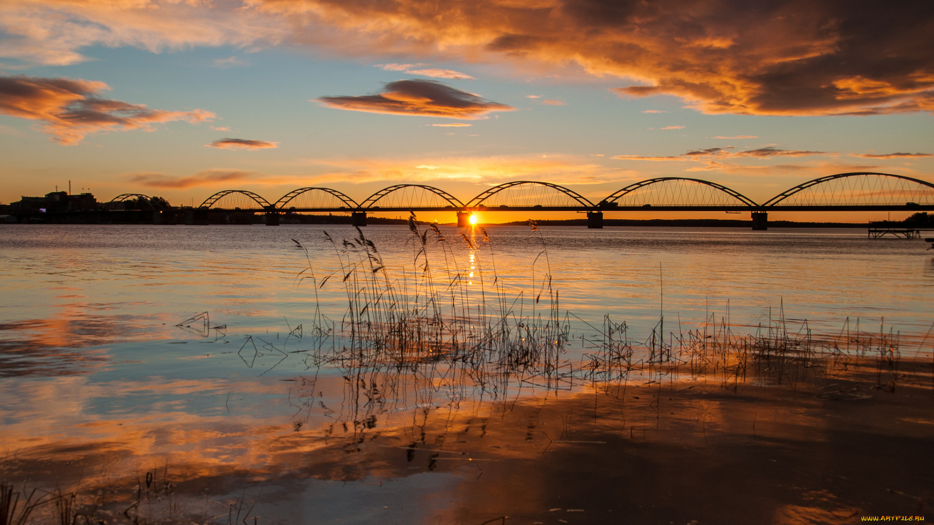 природа, восходы, закаты, солнце, небо, озеро, облака, мост, закат
