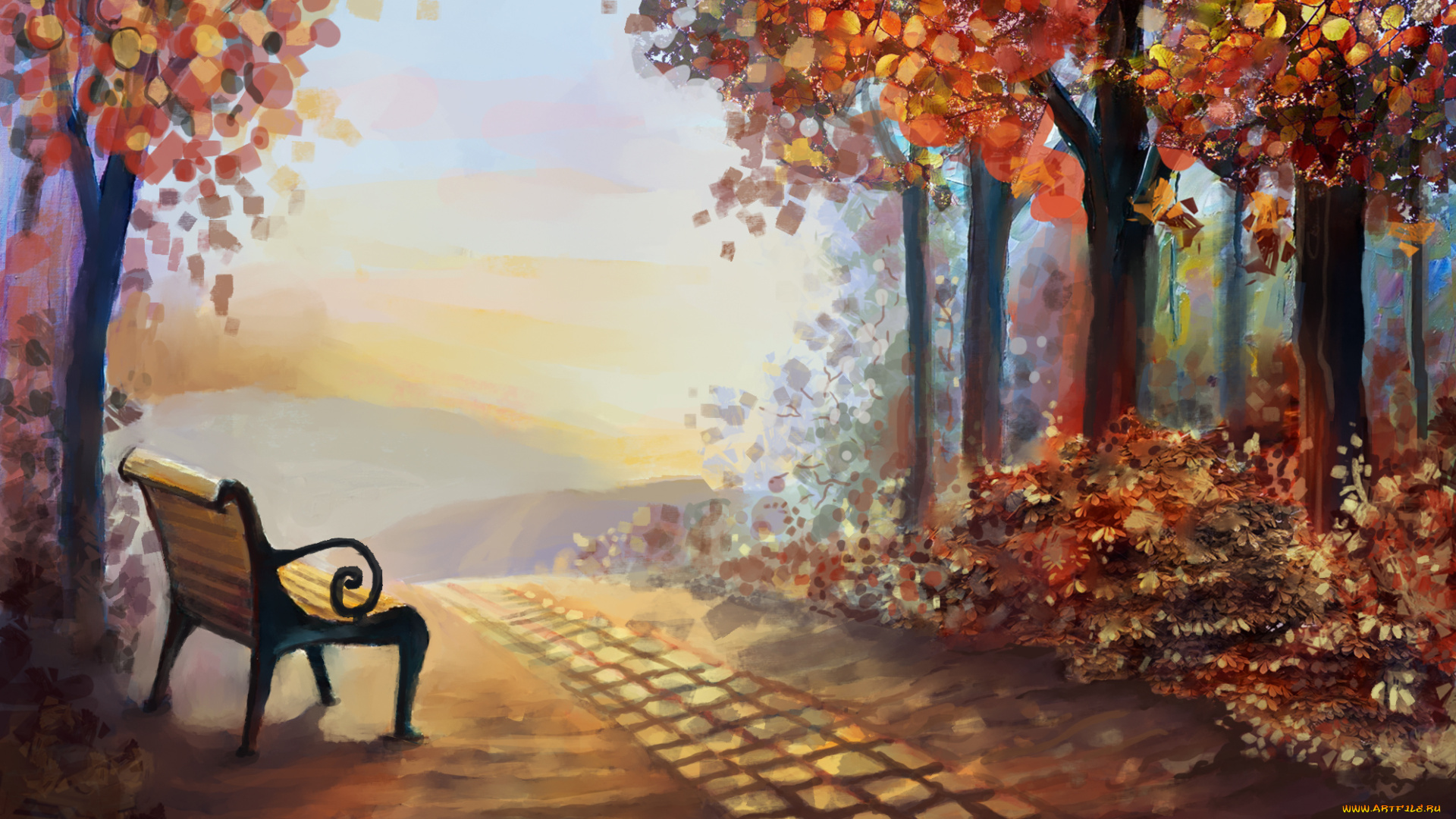 рисованное, природа, время, года, деревья, листья, осень, пейзаж, лавочка