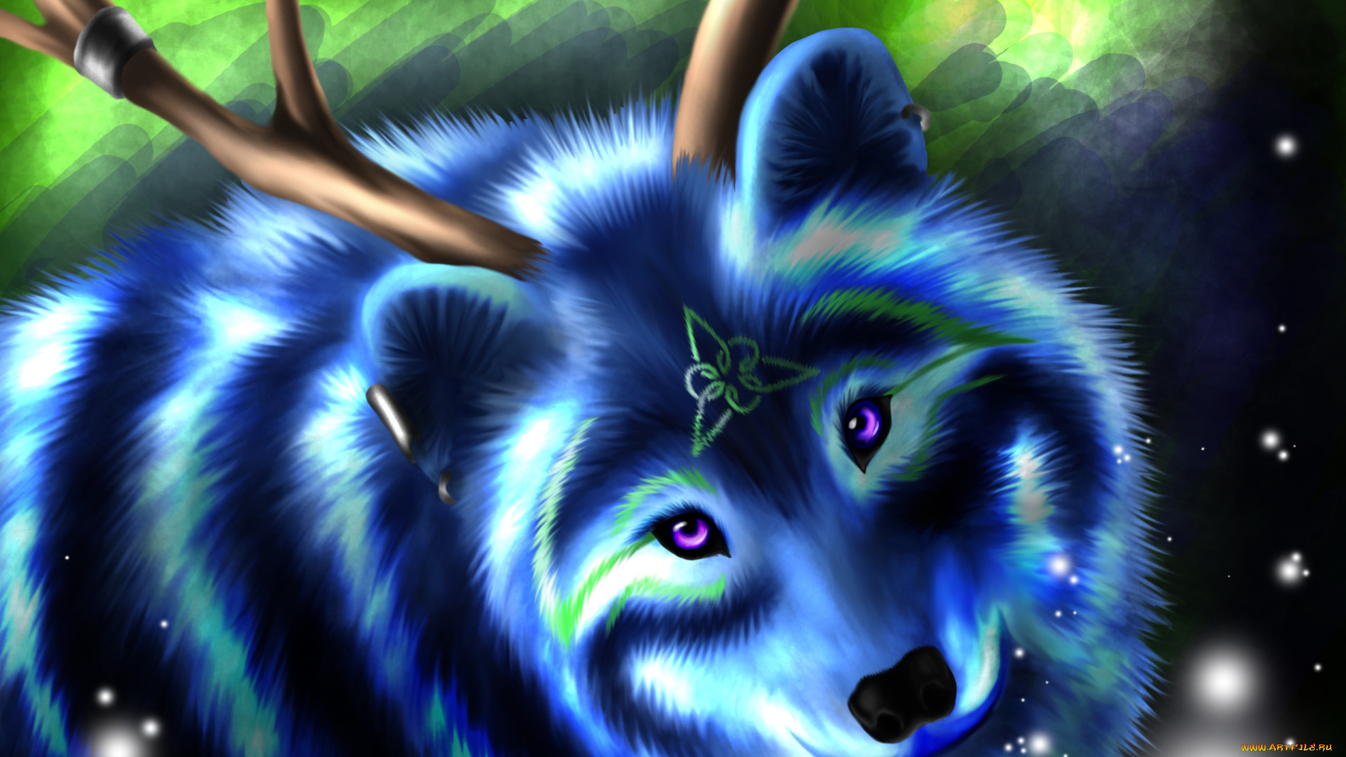 рисованное, животные, , сказочные, , мифические, животное, волк, синий, шерсть, рога, морда, взгляд