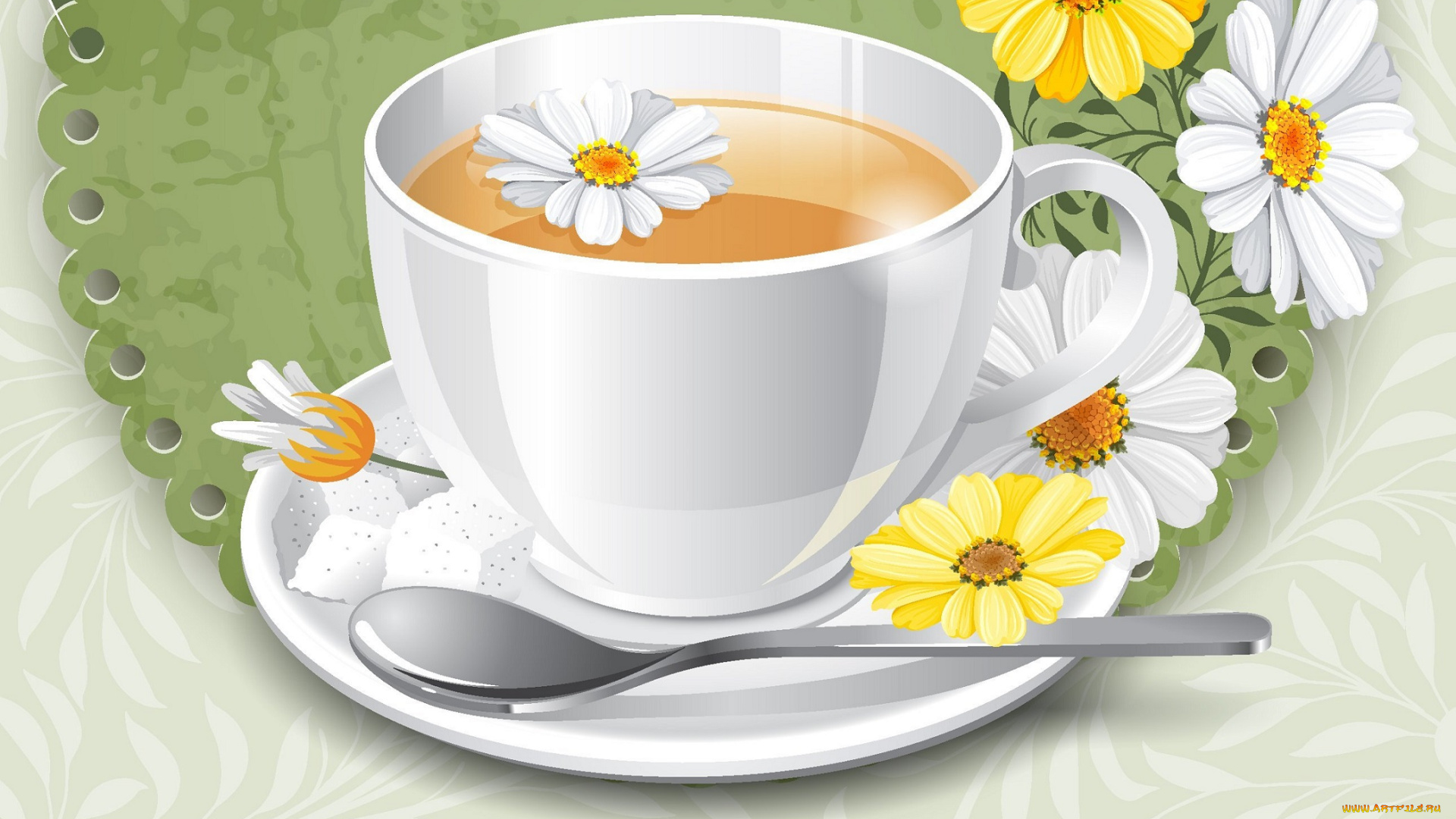 векторная, графика, еда, чашка, цветы