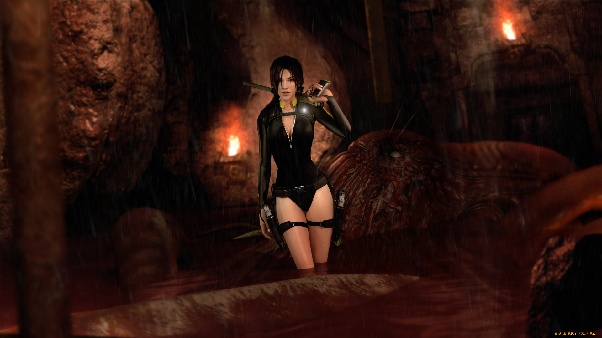 видео, игры, tomb, raider, , underworld, tomb, raider, lara, croft, костюм, купальник, осьминог, гарпун, девушка, underworld