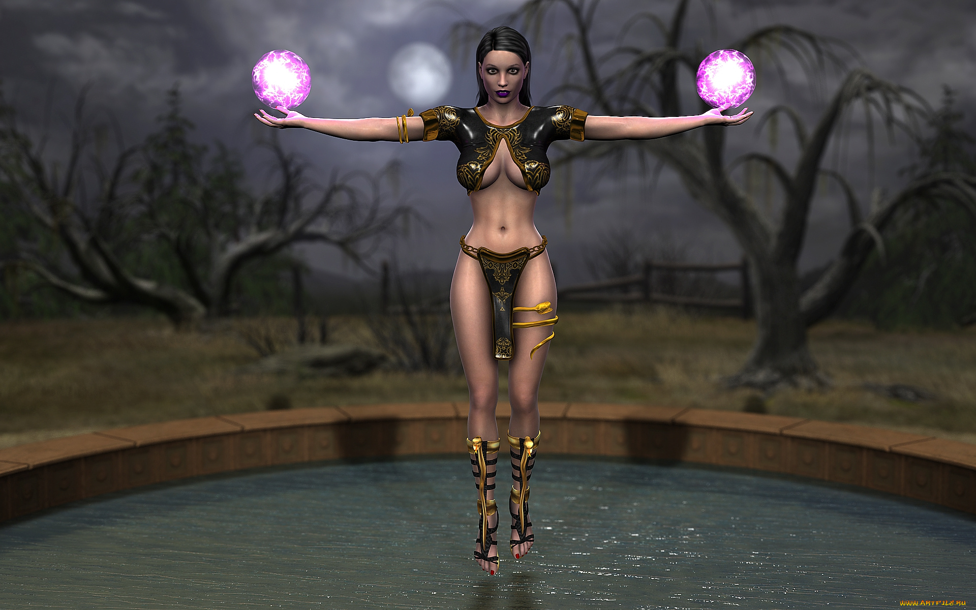 3д, графика, фантазия, , fantasy, магия, девушка, полет, взгляд, бассейн