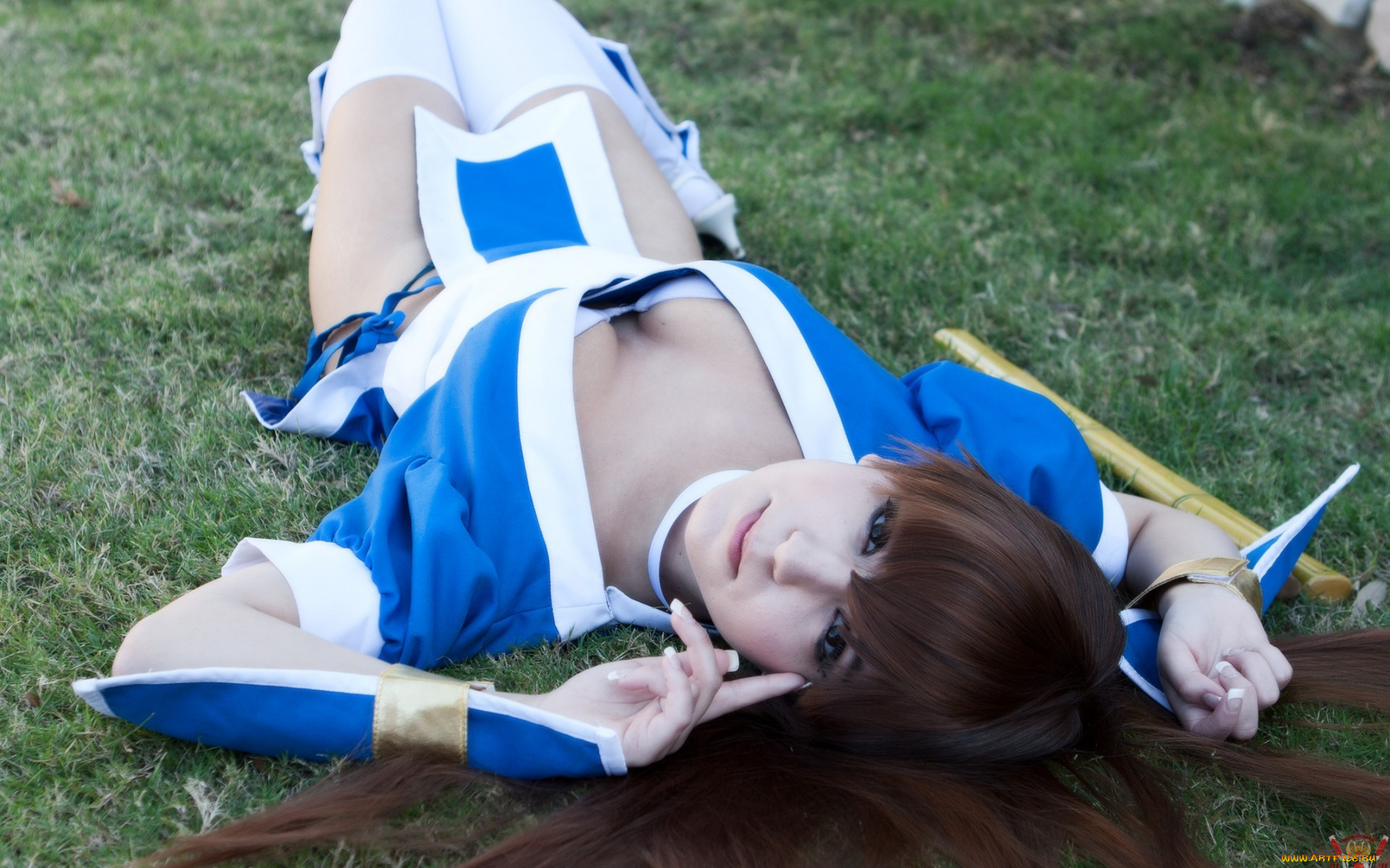 девушки, -unsort, , азиатки, fighting, лежит, костюм, девушка, куноити, синоби, kasumi, dead, or, alive, 5, doa5, взгляд, трава