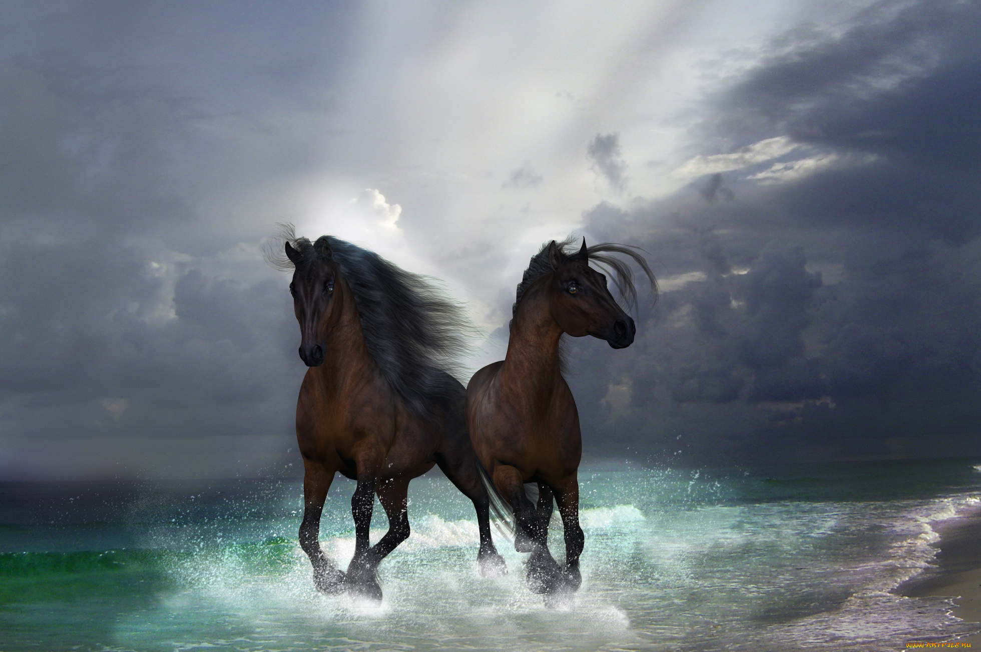 3д, графика, животные, , animals, вода, брызги, лошади
