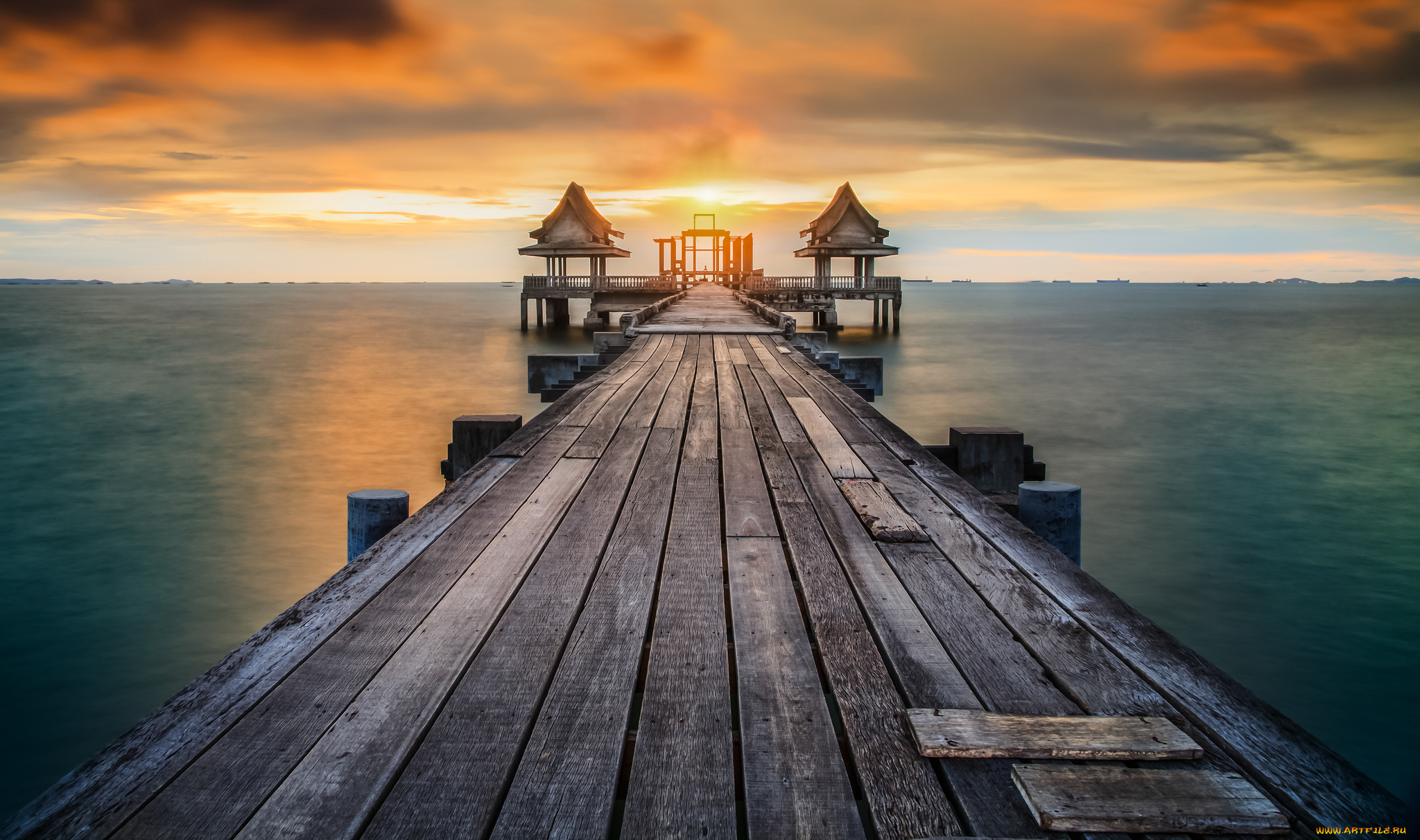 природа, восходы, закаты, океан, мост, зарево