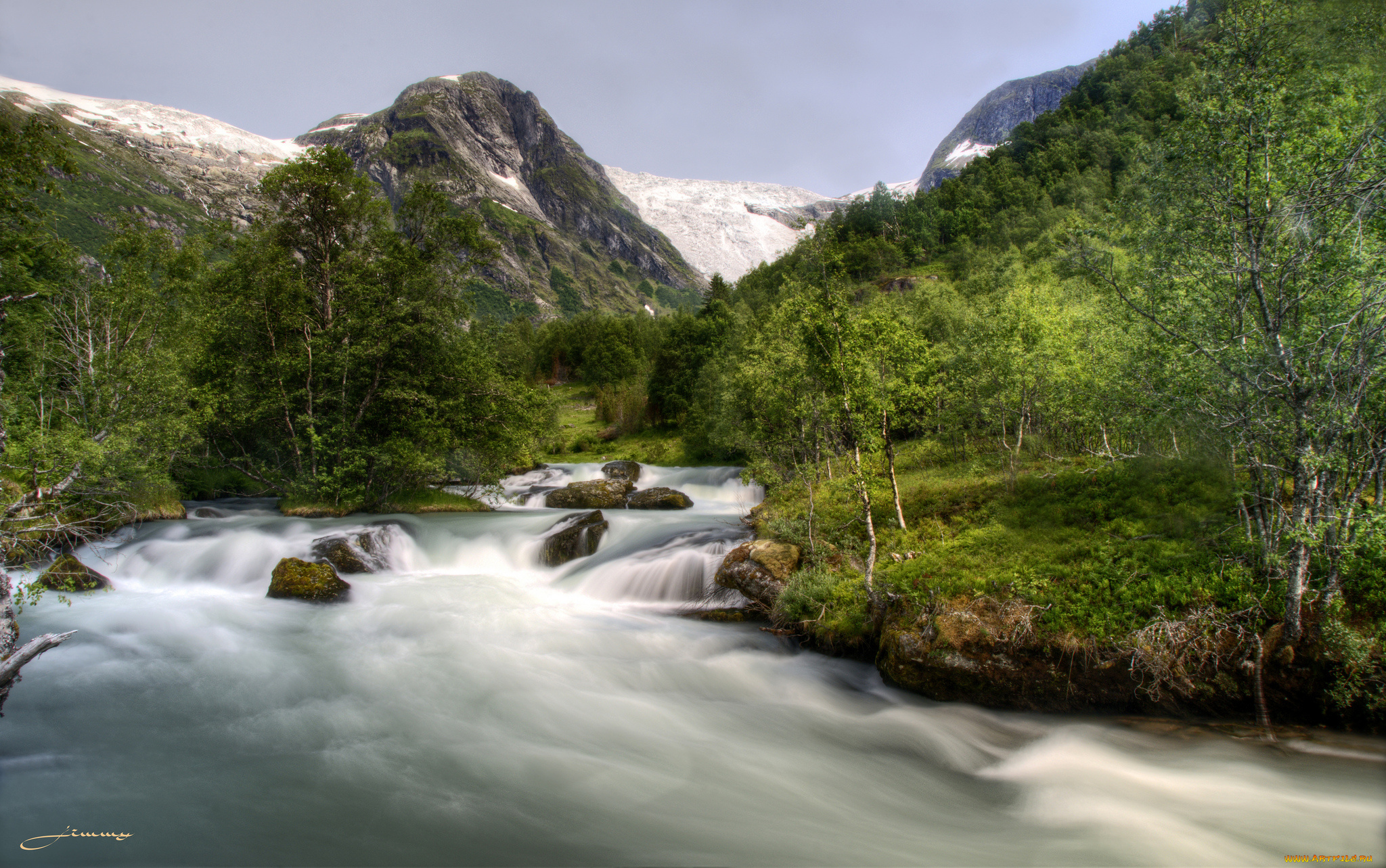 природа, реки, озера, зелень, растения, водопад, река, небо, гора