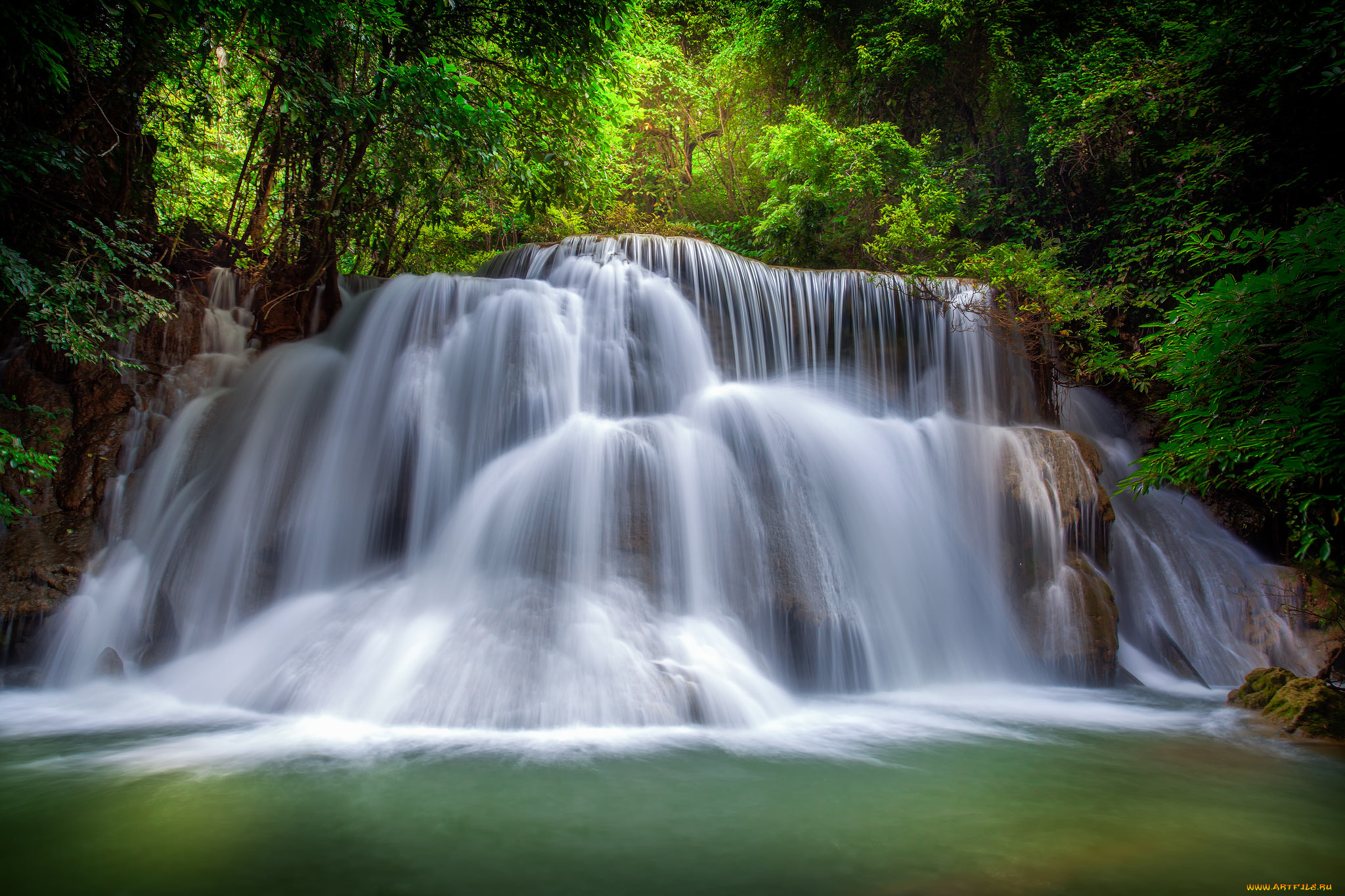 природа, водопады, лес, река, водопад