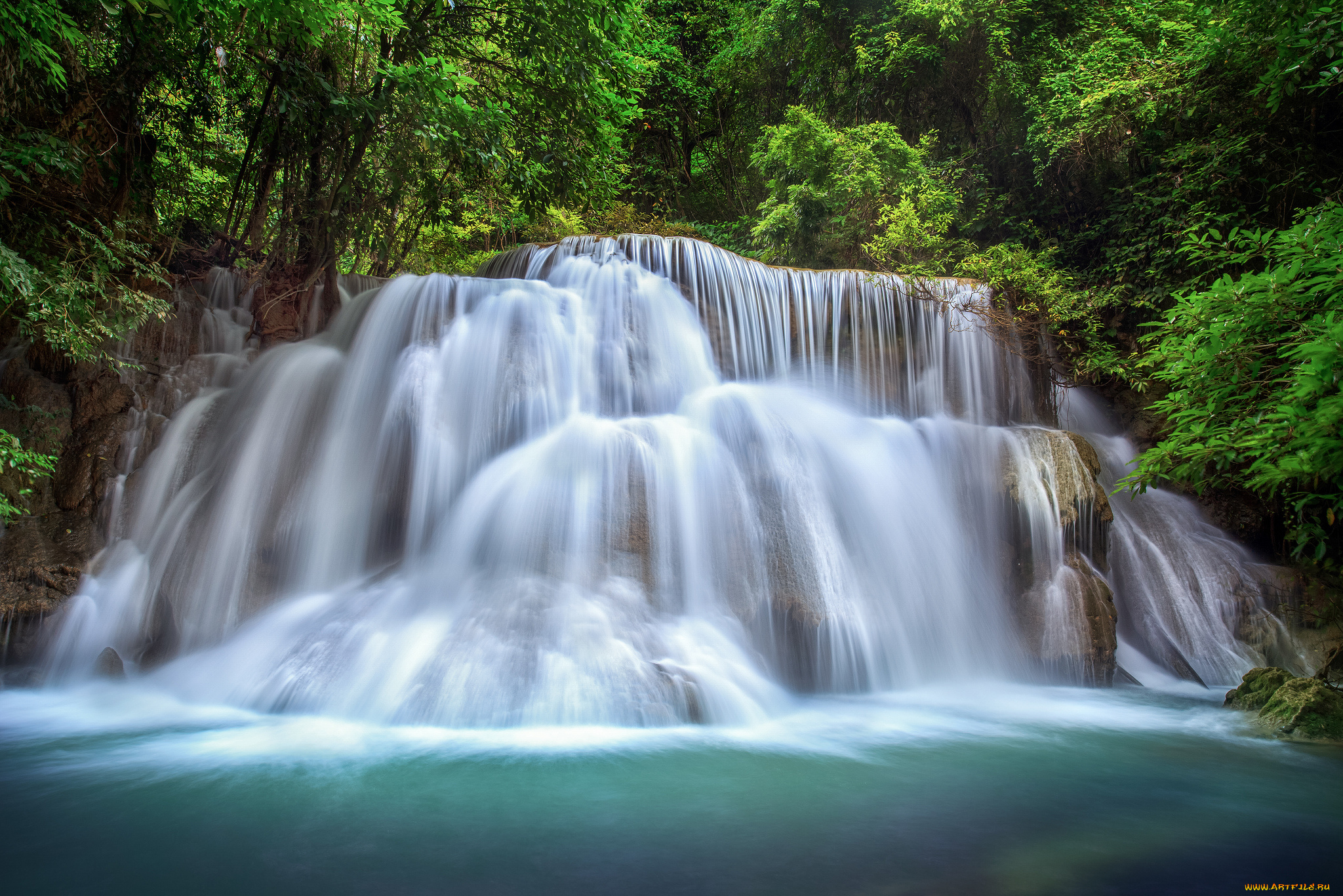 природа, водопады, лес, река, водопад