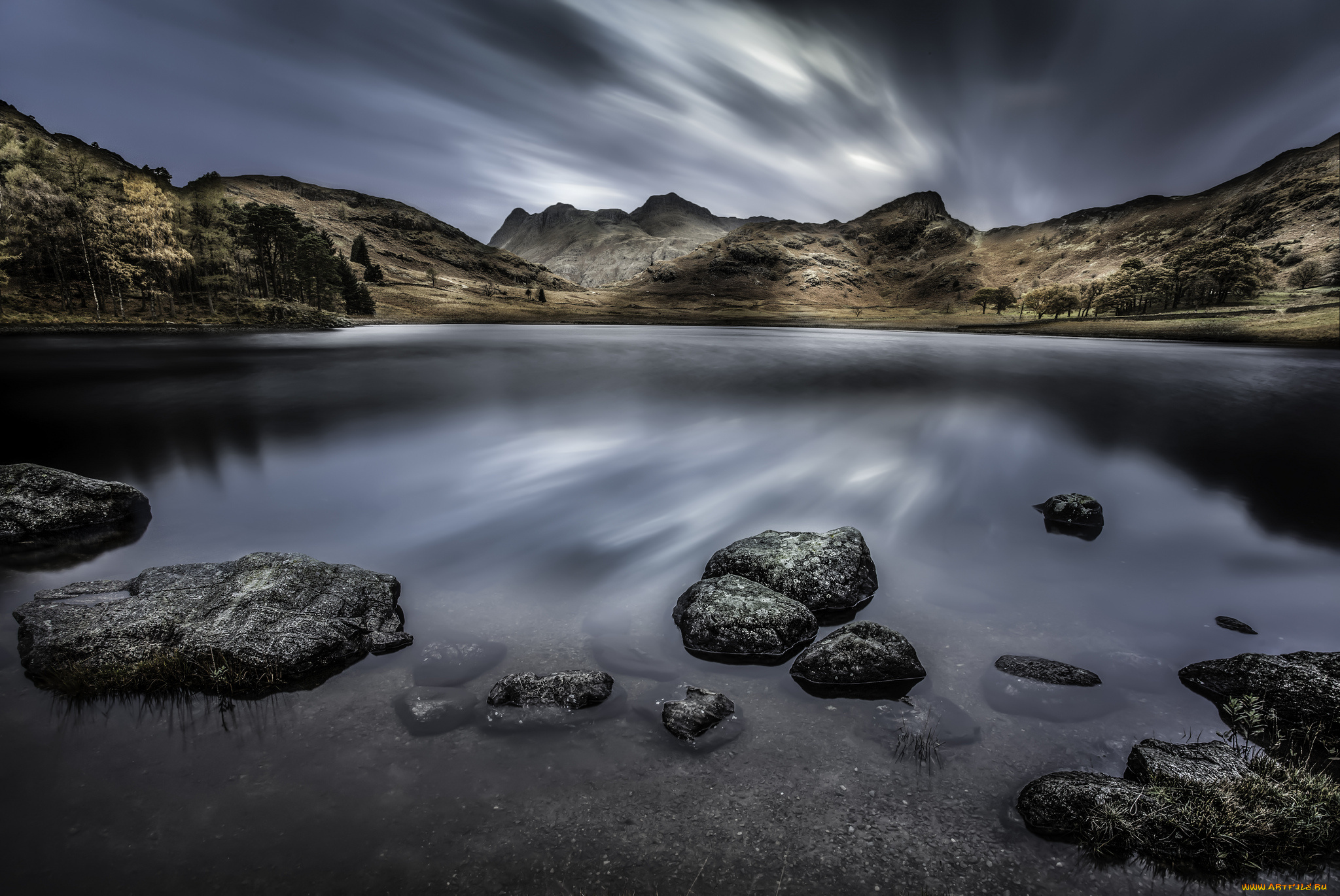 природа, реки, озера, озеро, вода, камни, горы, деревья, небо, облака