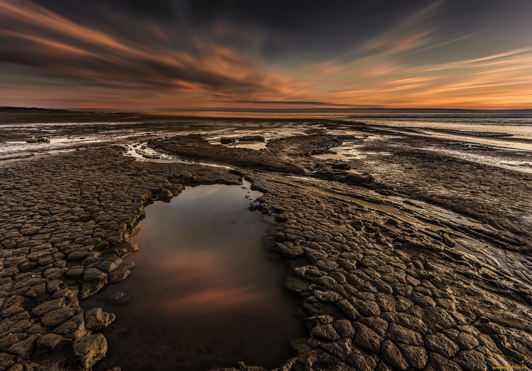 природа, побережье, берег, вода, небо, облака, закат