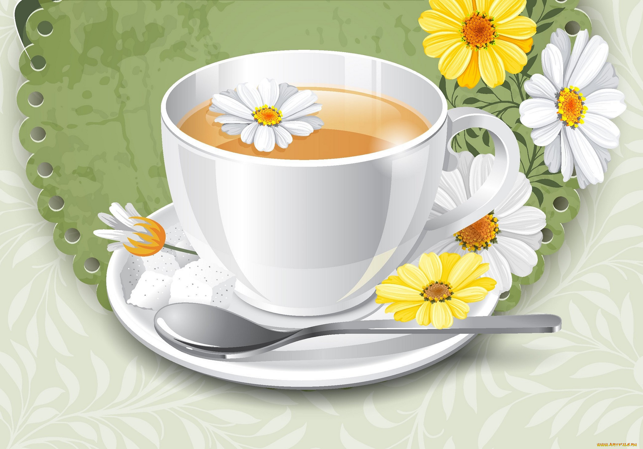 векторная, графика, еда, чашка, цветы