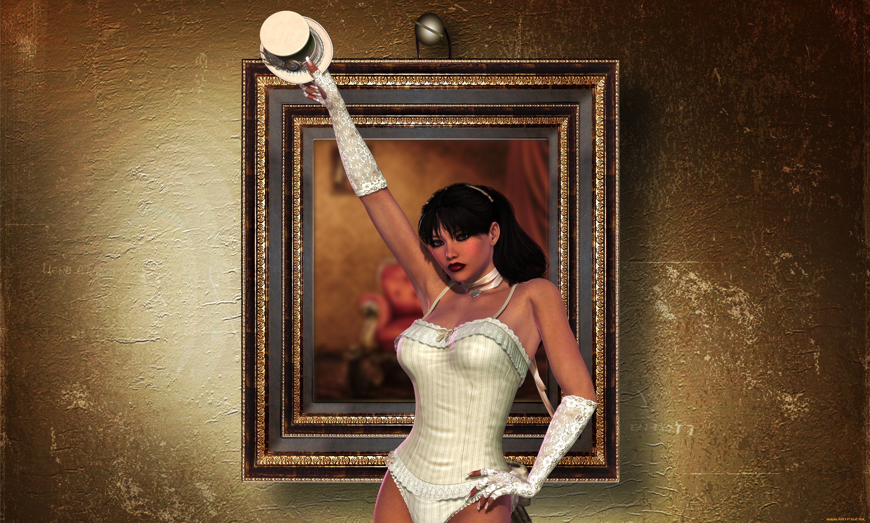 3д, графика, люди, , people, девушка, взгляд, картина, шляпа