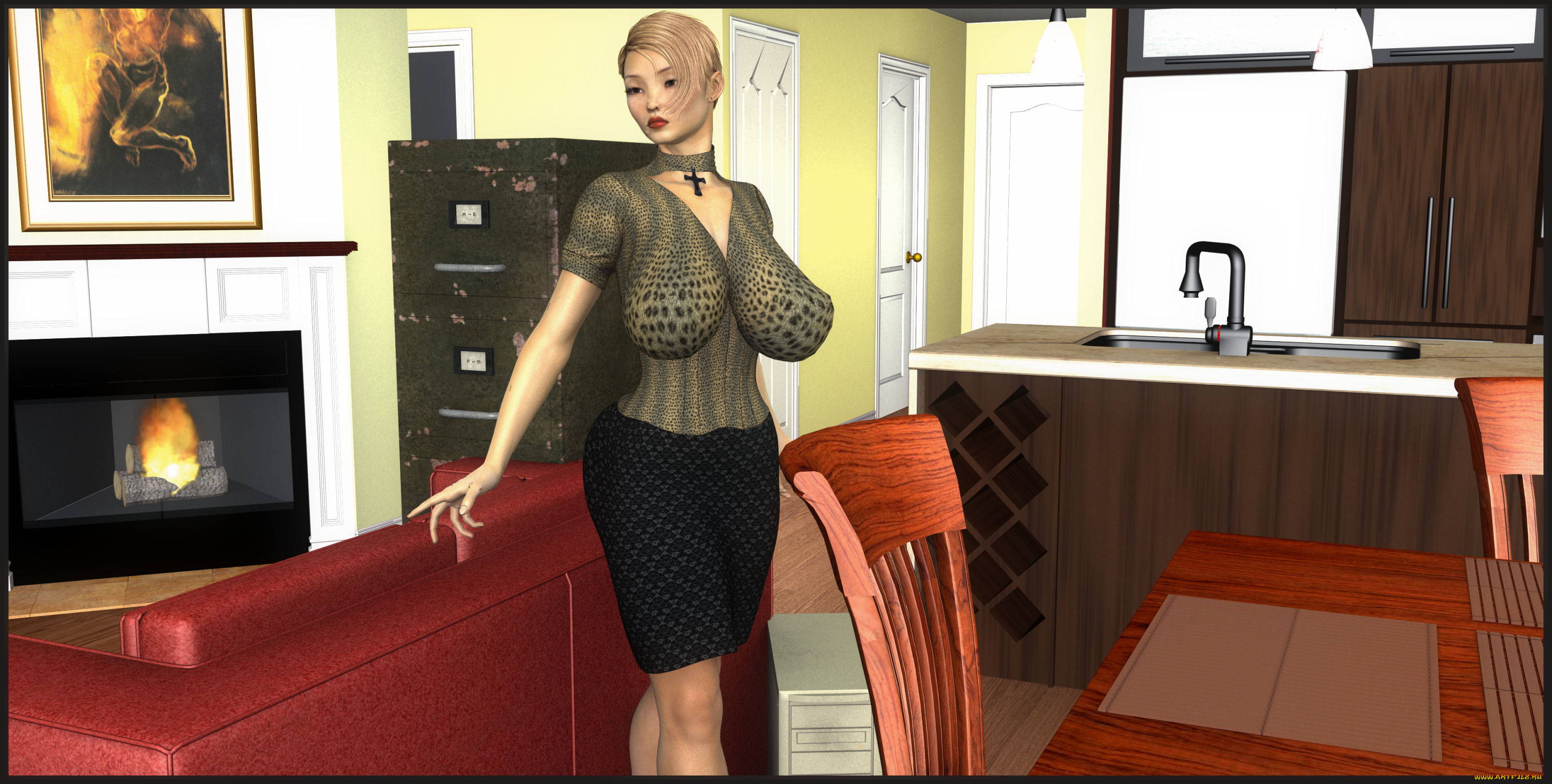 3д, графика, люди, , people, девушка, взгляд, стол, стулья, кухня