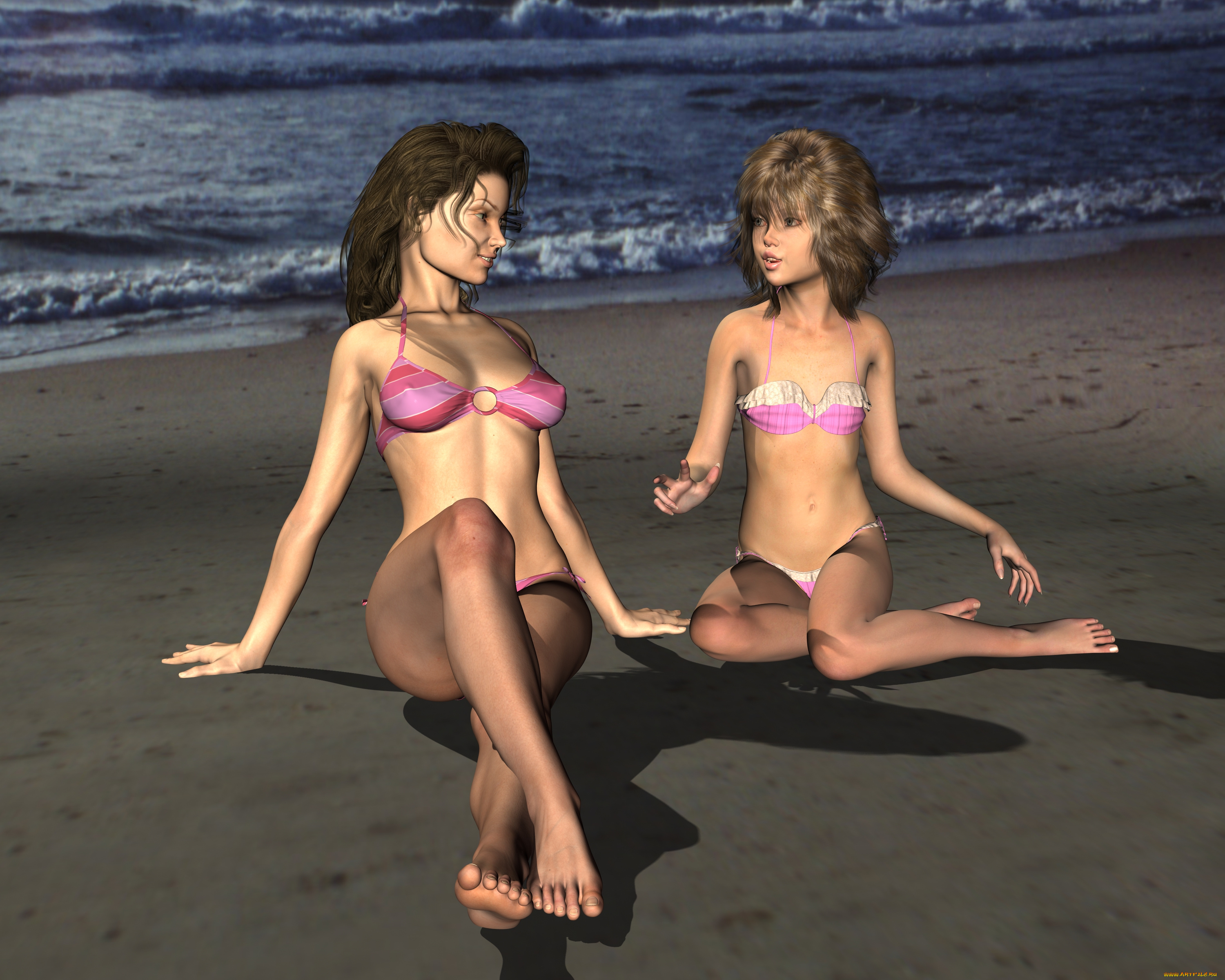 3д, графика, люди, , people, мать, дочь, пляж, море