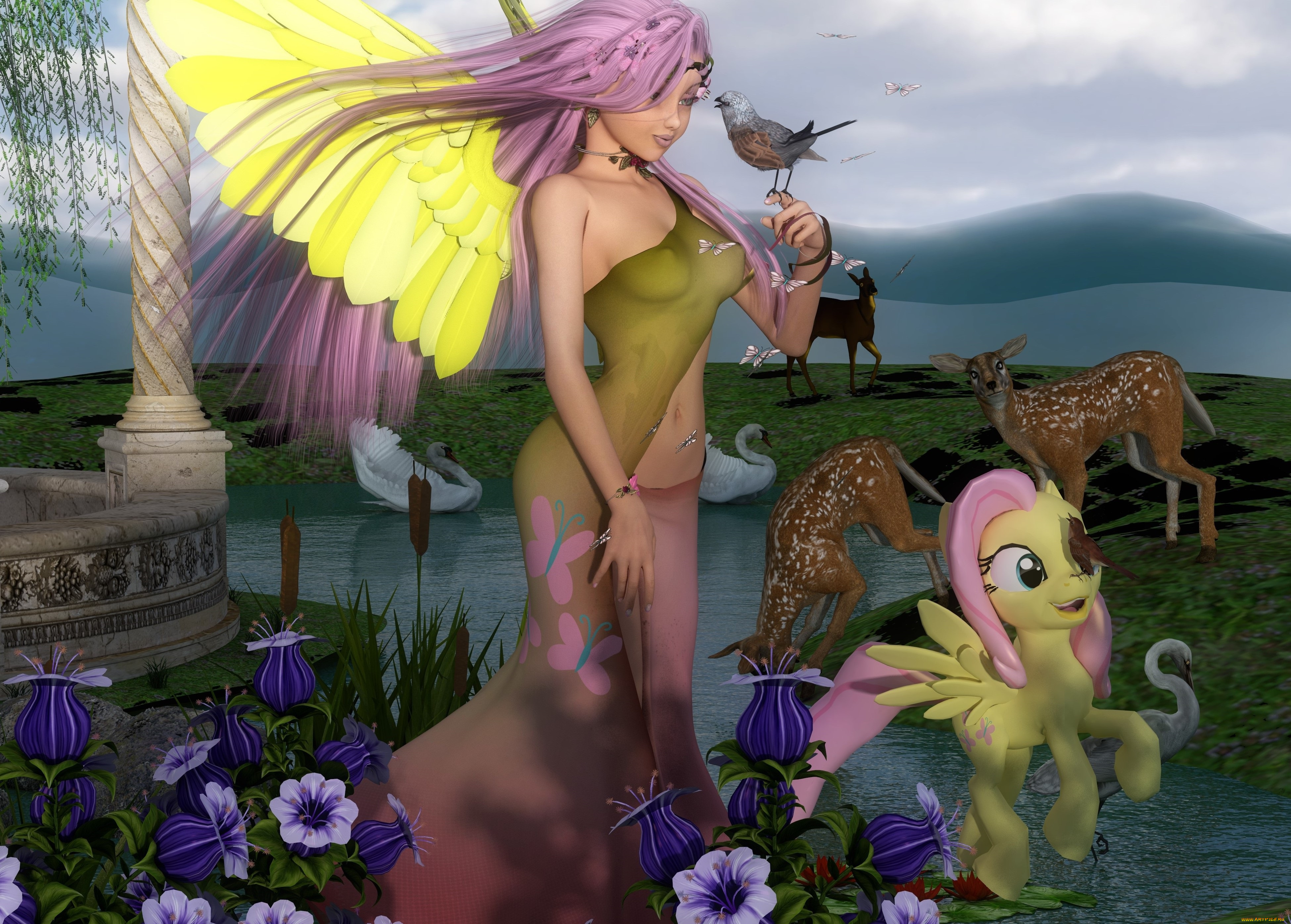 3д, графика, люди, , people, девушка, взгляд, пони, цветы, животные, река, птицы, олени