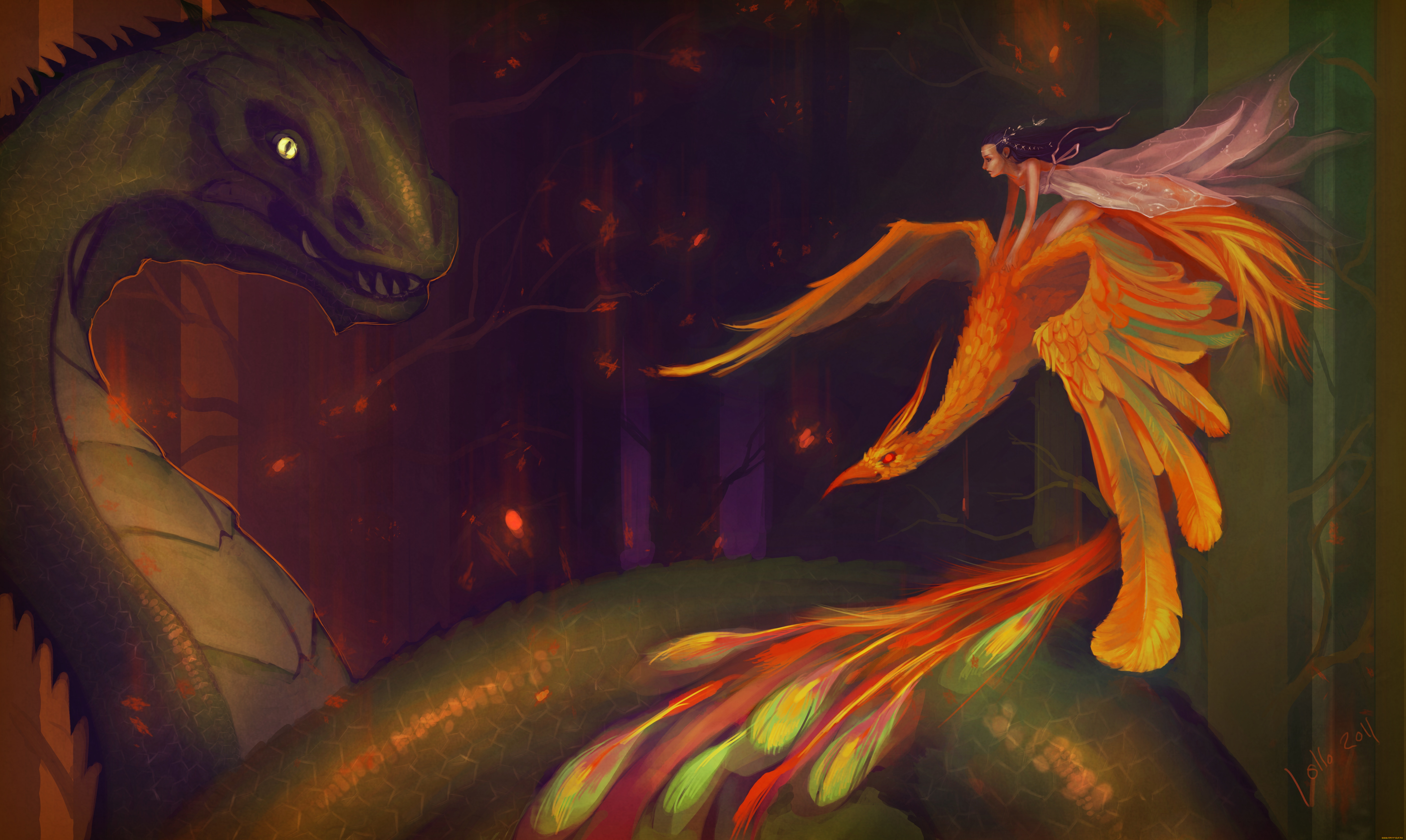 фэнтези, красавицы, и, чудовища, фантастика, феникс, жар, птица, огонь, крылья, полет, хвост, девушка, профиль, лицо, волосы, платье