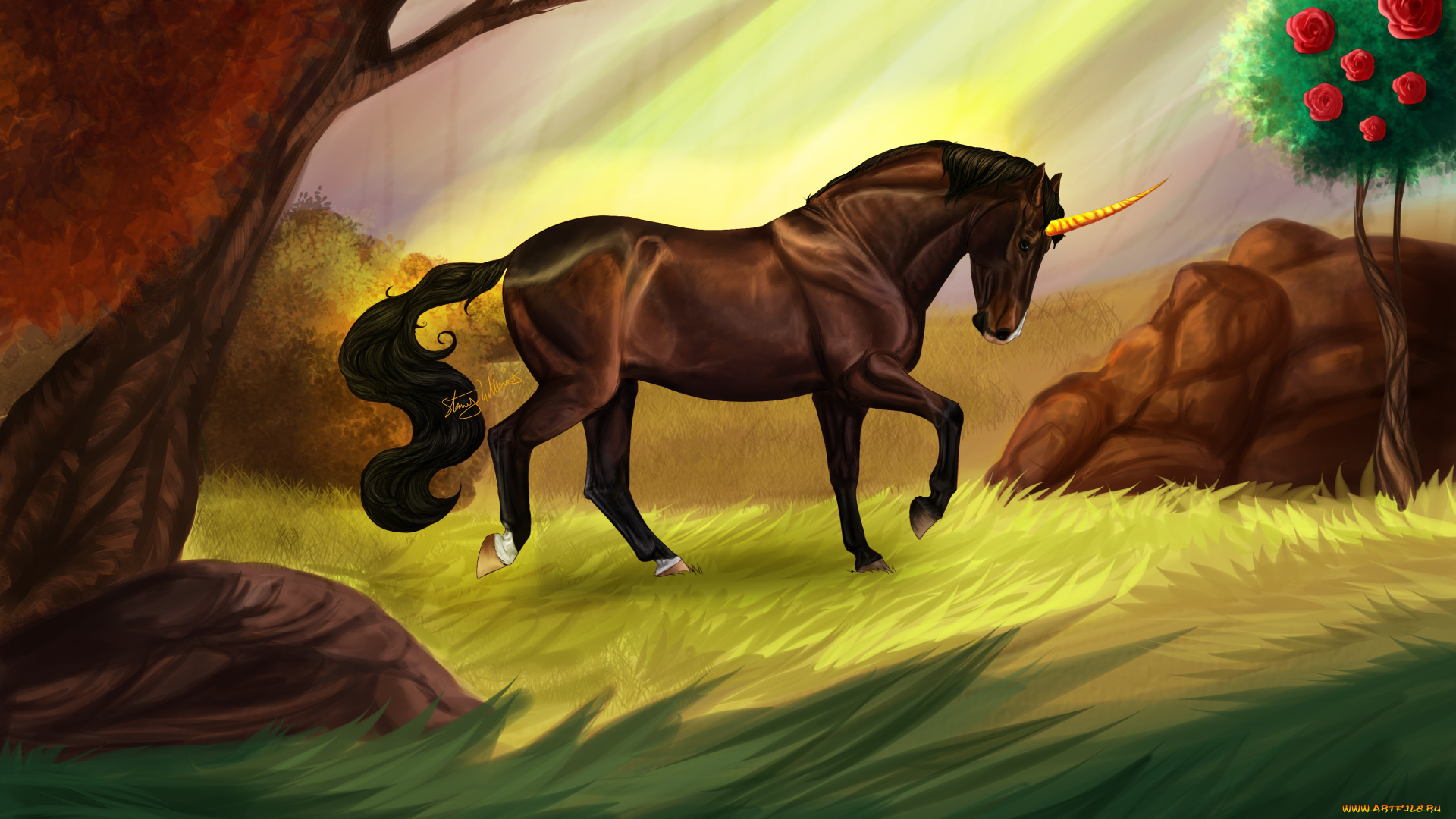 фэнтези, единороги, природа, лошадь