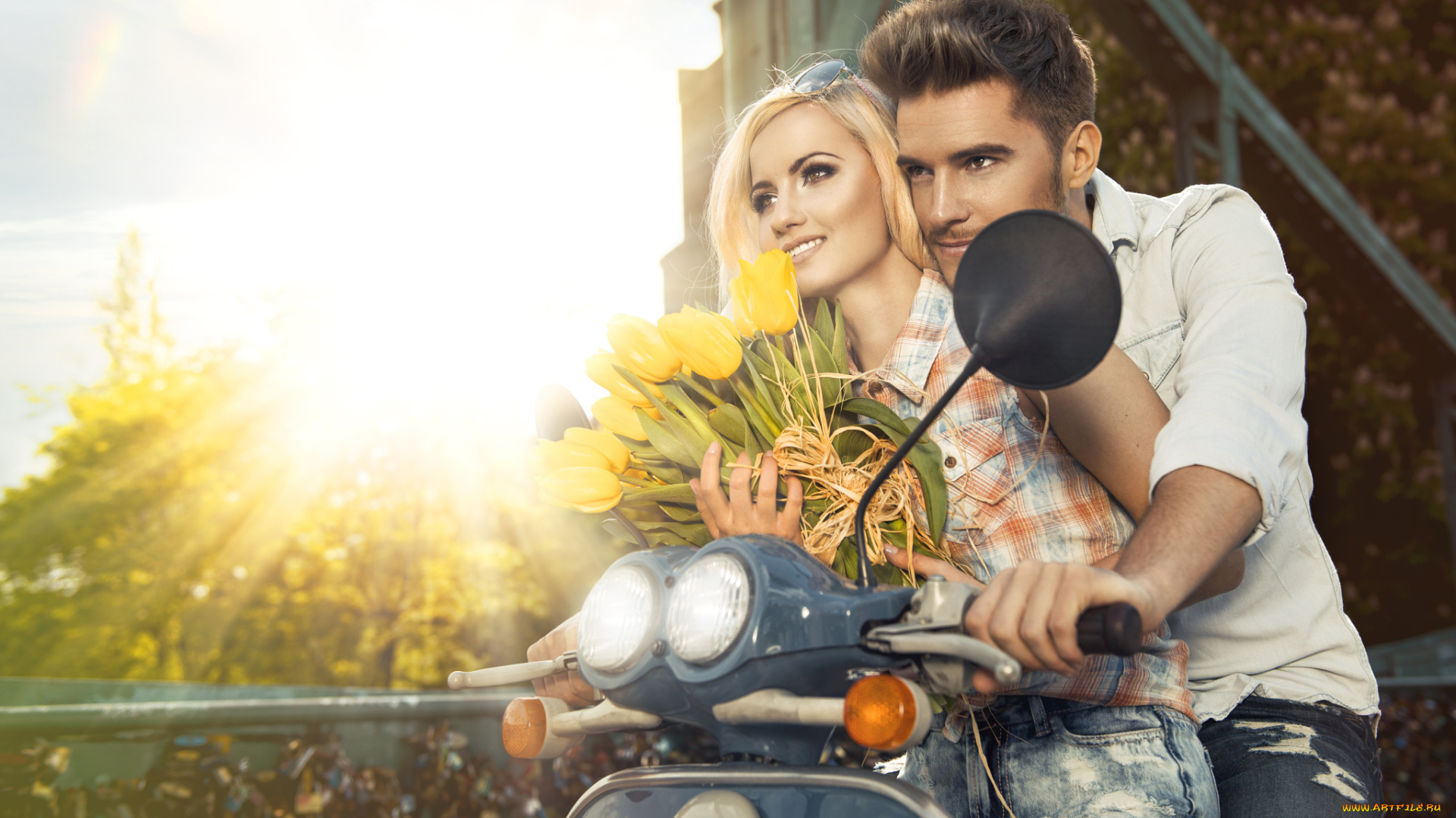 разное, мужчина, женщина, тюльпаны, цветы, мужчина, девушка, пара, скутер