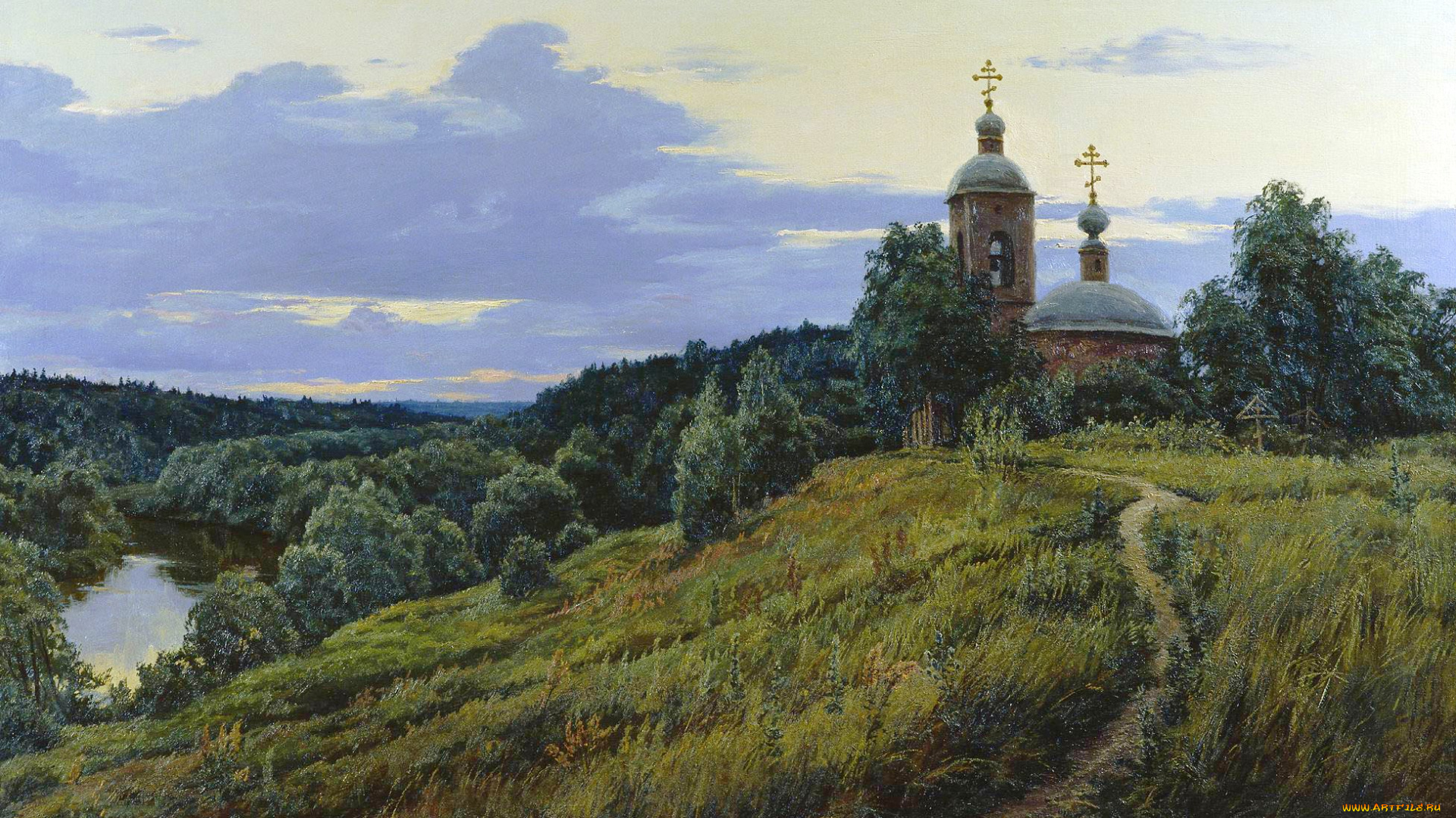 спас, темныя, -, станислав, брусилов, рисованное, станислав, брусилов, природа, облака, небо, река, склон, церковь, деревья, тропинка