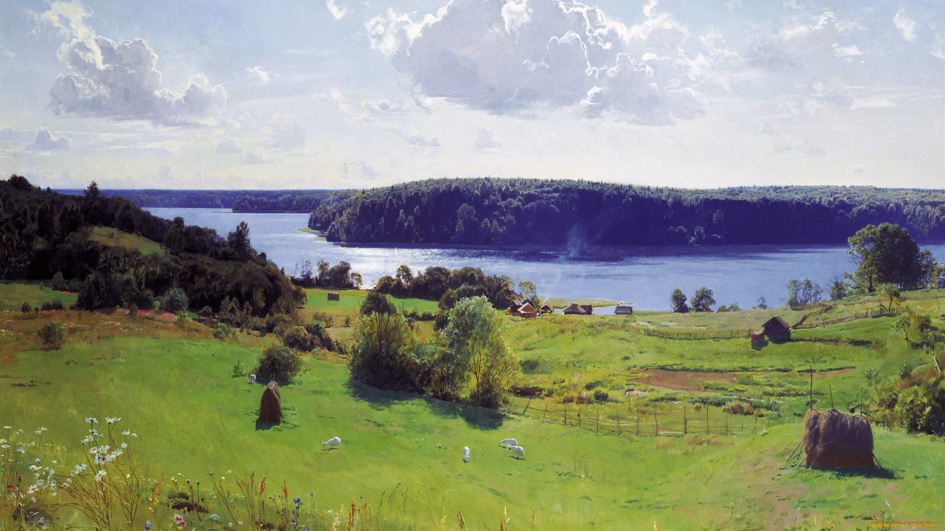 светлый, покой, рисованное, дмитрий, белюкин, деревня, луга, река, берега, деревья, лес, облака, небо