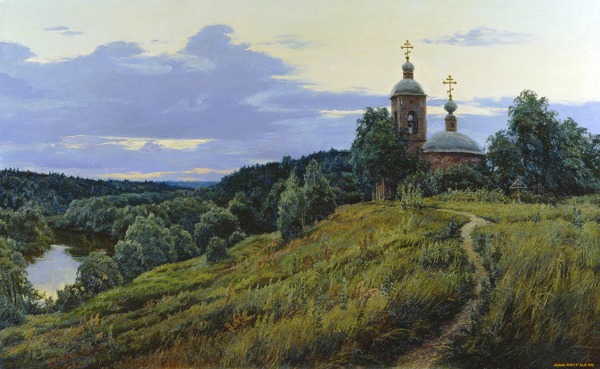 спас, темныя, -, станислав, брусилов, рисованное, станислав, брусилов, природа, облака, небо, река, склон, церковь, деревья, тропинка