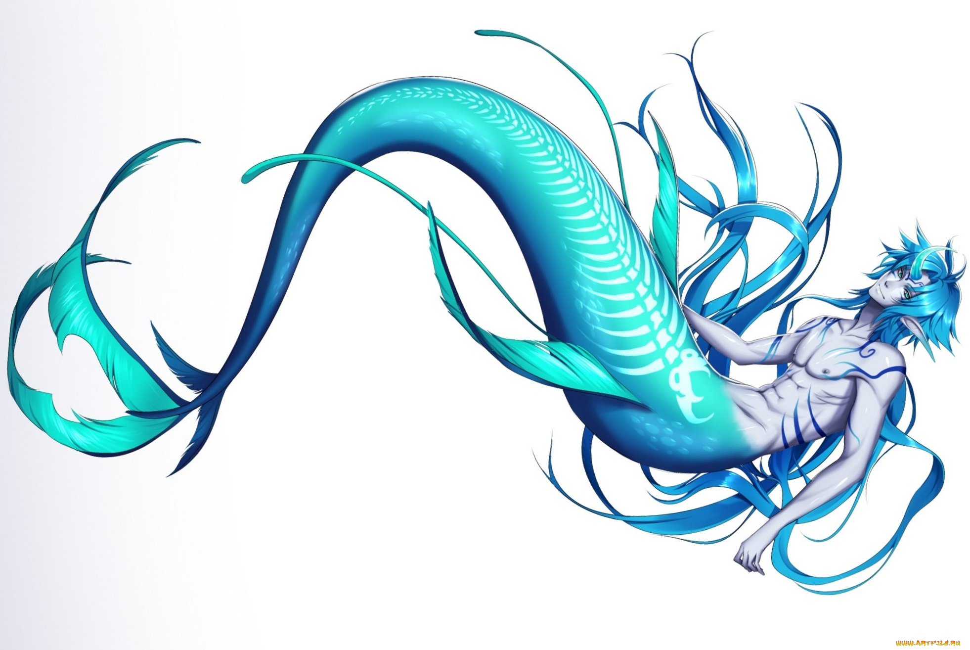 фэнтези, русалки, арт, плавник, хвост, парень, русал, фон