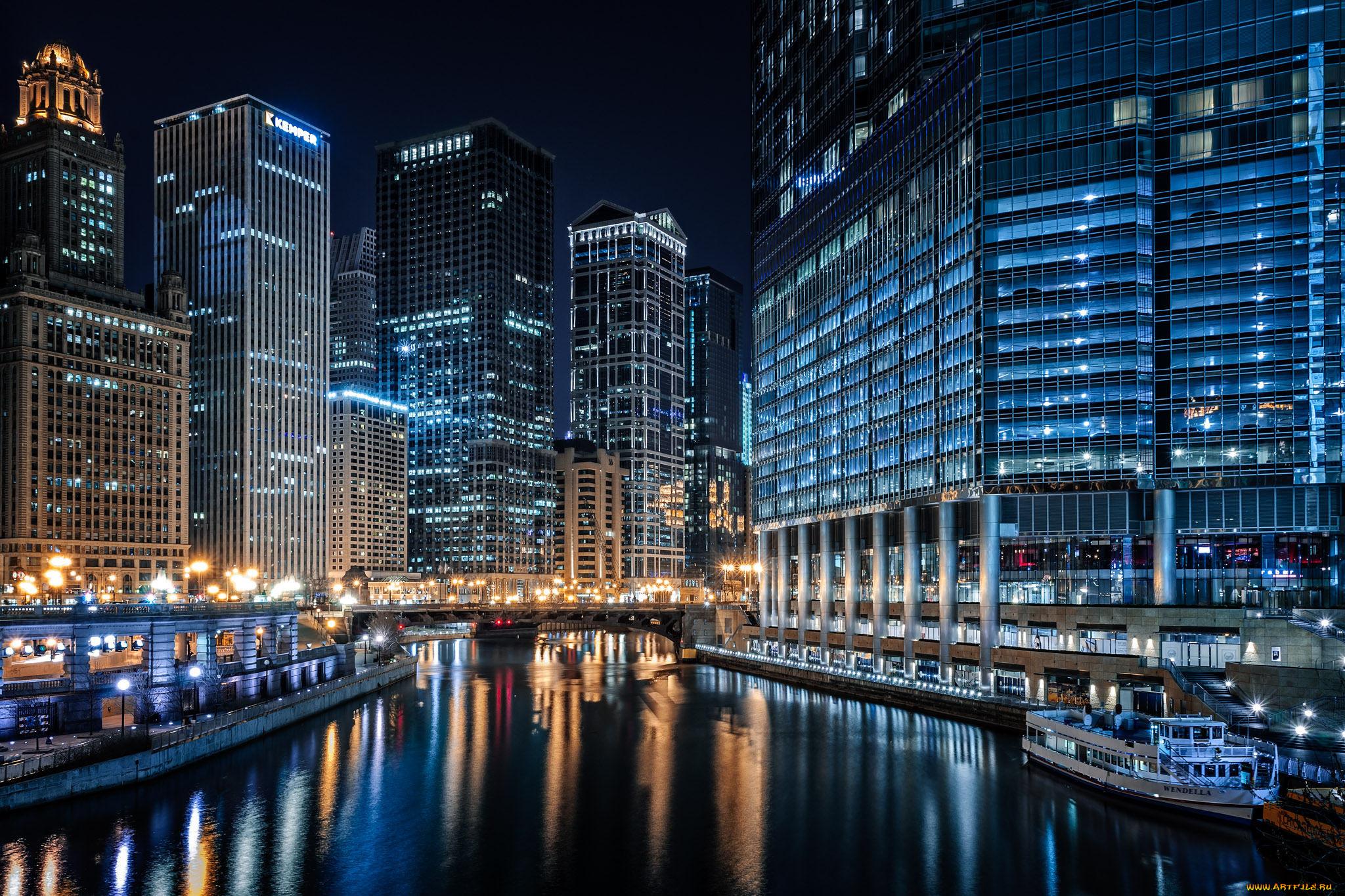 chicago, river, города, Чикаго, , сша, небоскребы, река, ночь, огни