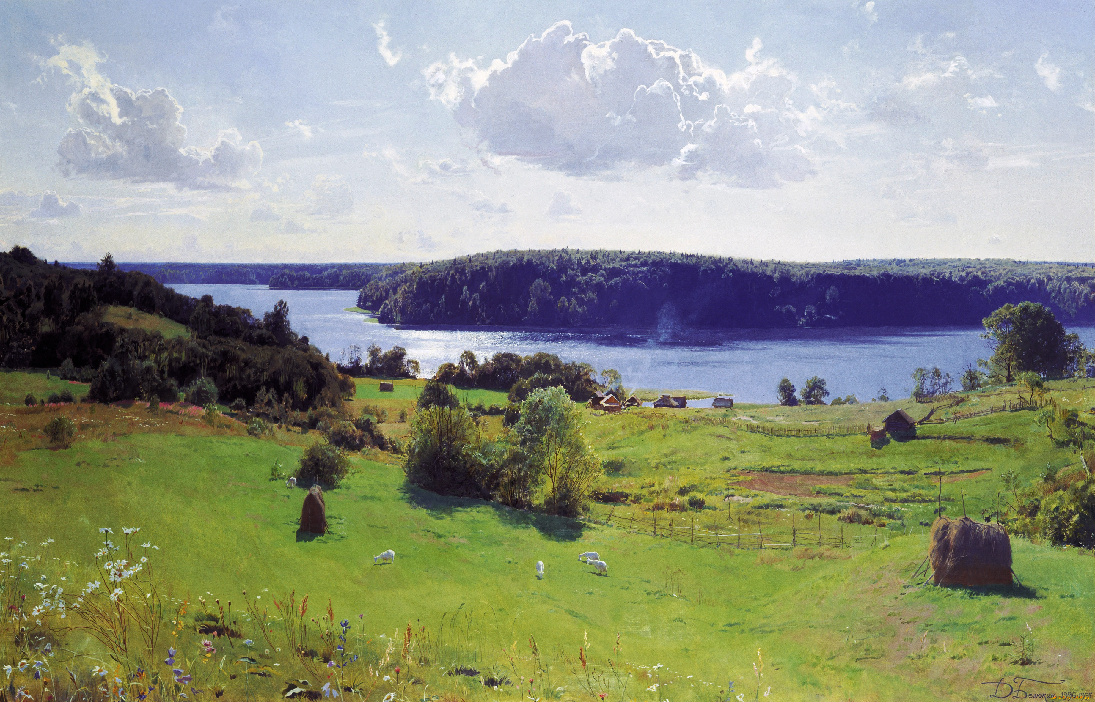 светлый, покой, рисованное, дмитрий, белюкин, деревня, луга, река, берега, деревья, лес, облака, небо