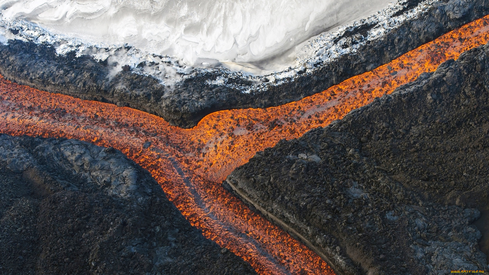 природа, стихия, река, склон, лава, снег, вулкан, гора, толбачик