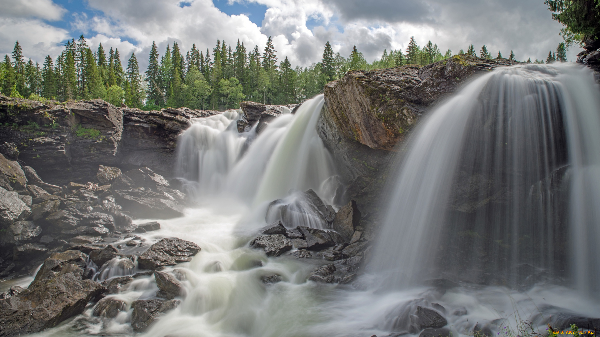 природа, водопады, лес, скалы, водопад, деревья, облака