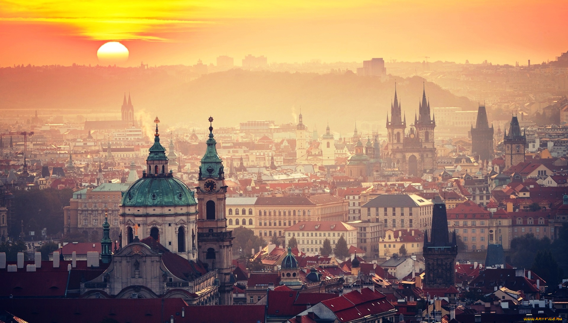 города, прага, , Чехия, здания, панорама, город, солнце, дома, восход