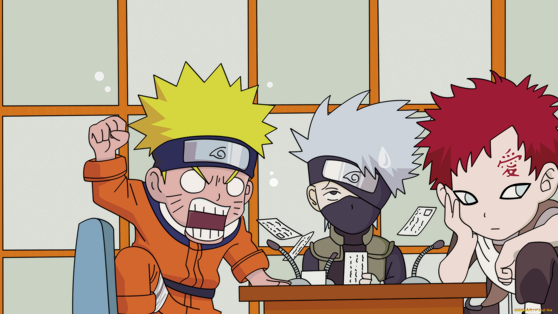 аниме, naruto, микрофоны, стол, какаши, гаара, наруто