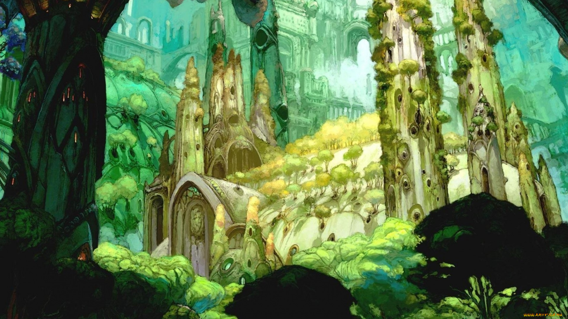 фэнтези, замки, замок, деревья, лес