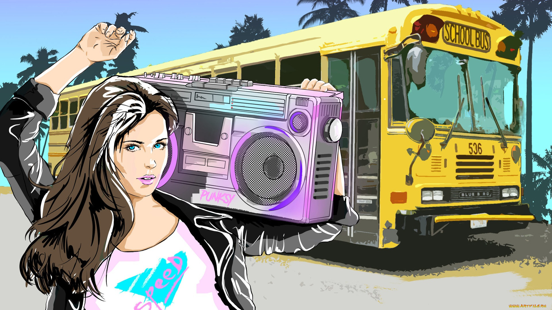 рисованное, люди, магнитофон, ретро, wallhaven, retrowave, женщины, artwork, автобусы