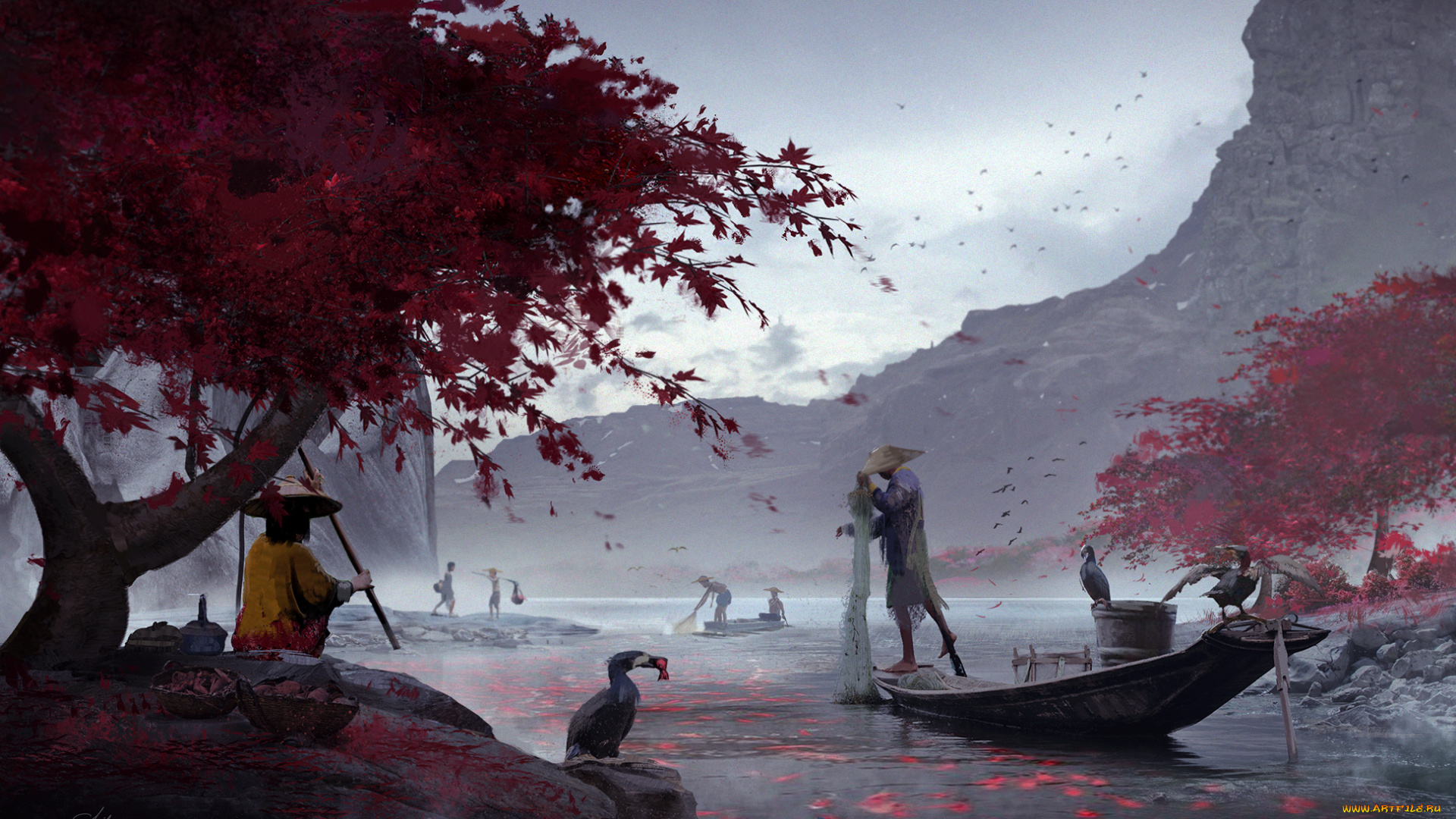 рисованное, живопись, пейзаж, человек