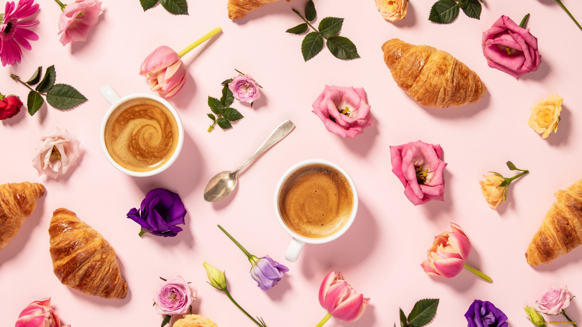 еда, кофе, , кофейные, зёрна, круассаны, бутоны, цветы