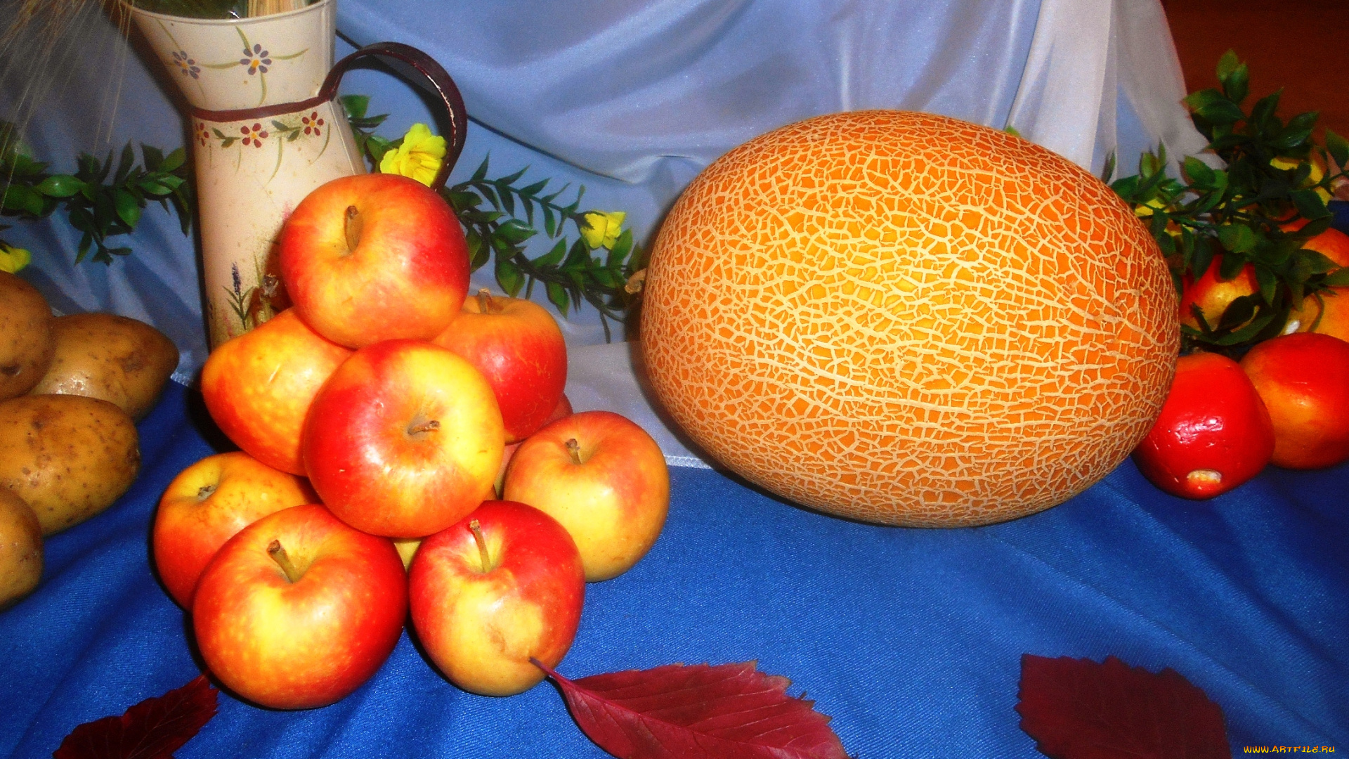 еда, натюрморт, дыня, яблоки