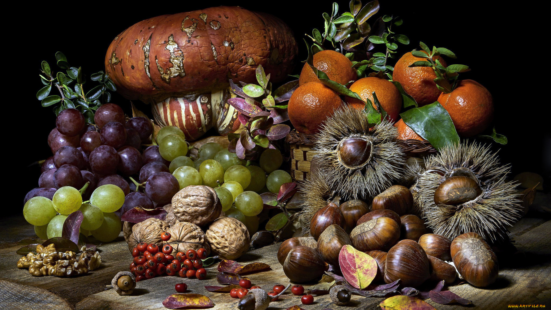 еда, натюрморт, тыква, апельсины, орехи, виноград, каштаны