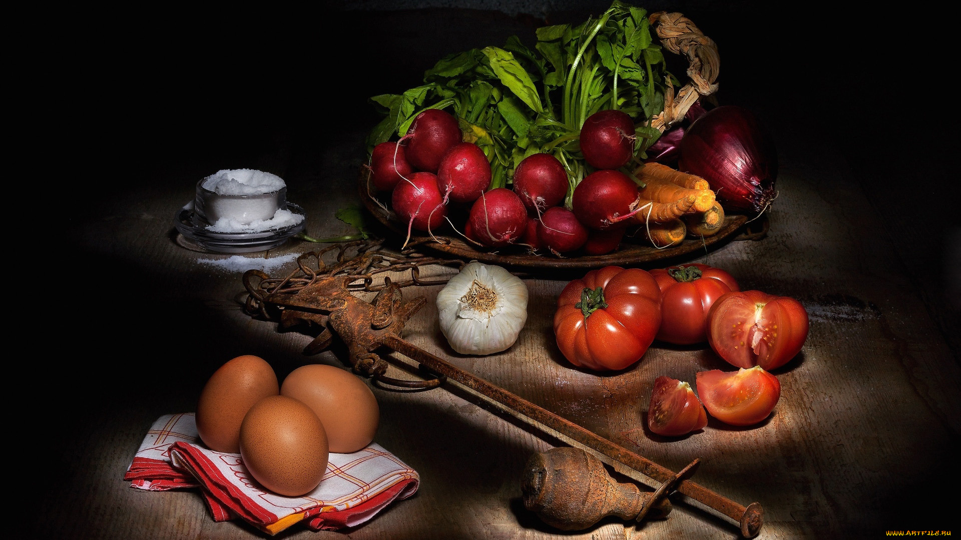 еда, овощи, лук, помидоры, редис, морковь, яйца
