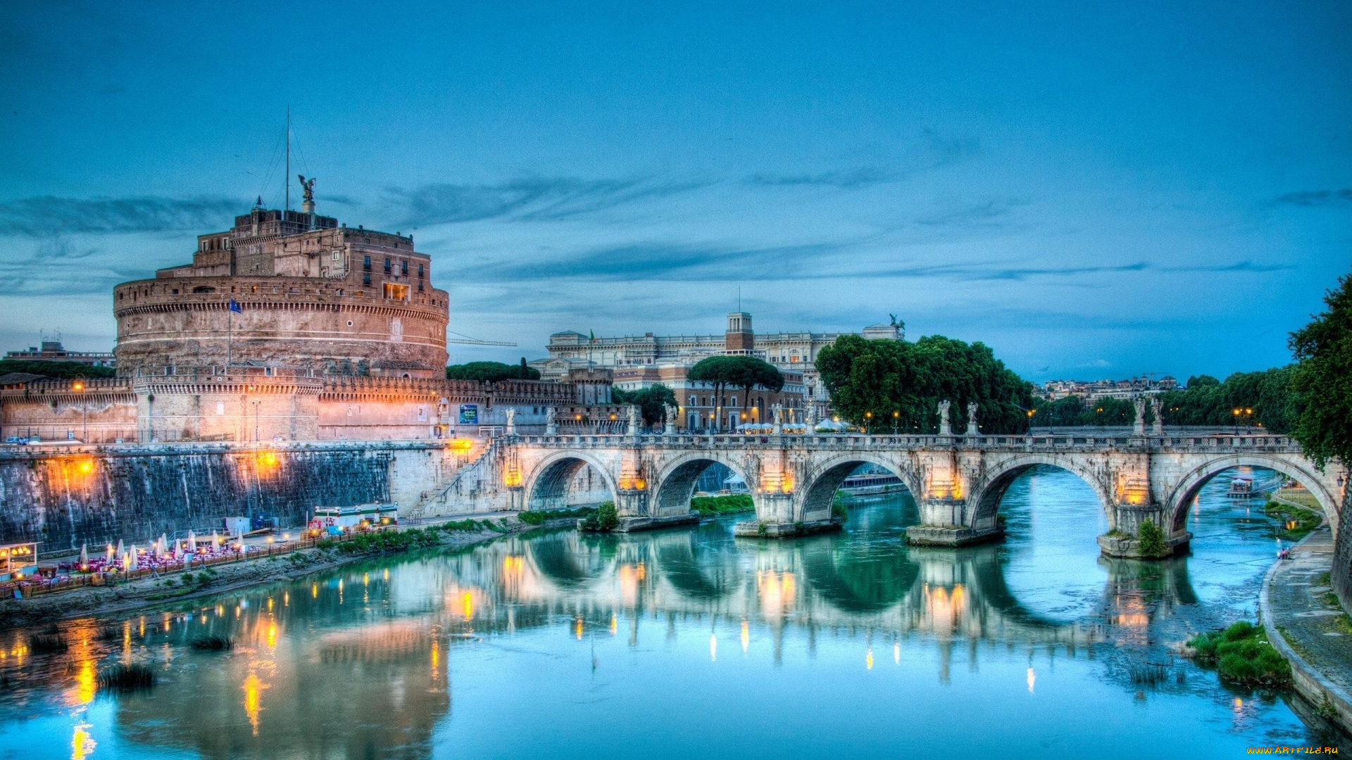 города, рим, , ватикан, , италия, крепость, мост, огни, вечер