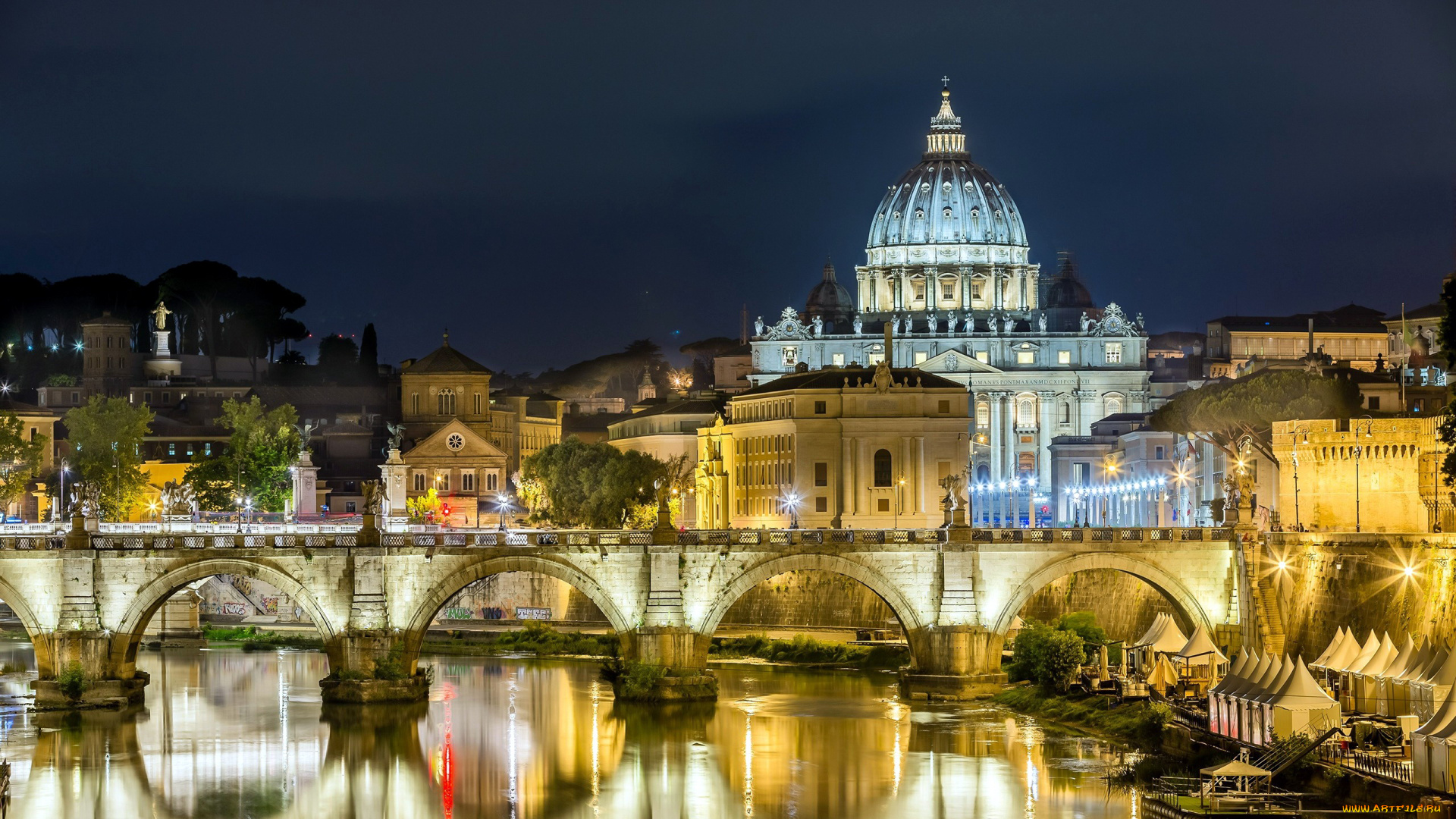 города, рим, , ватикан, , италия, собор, мост, огни, вечер
