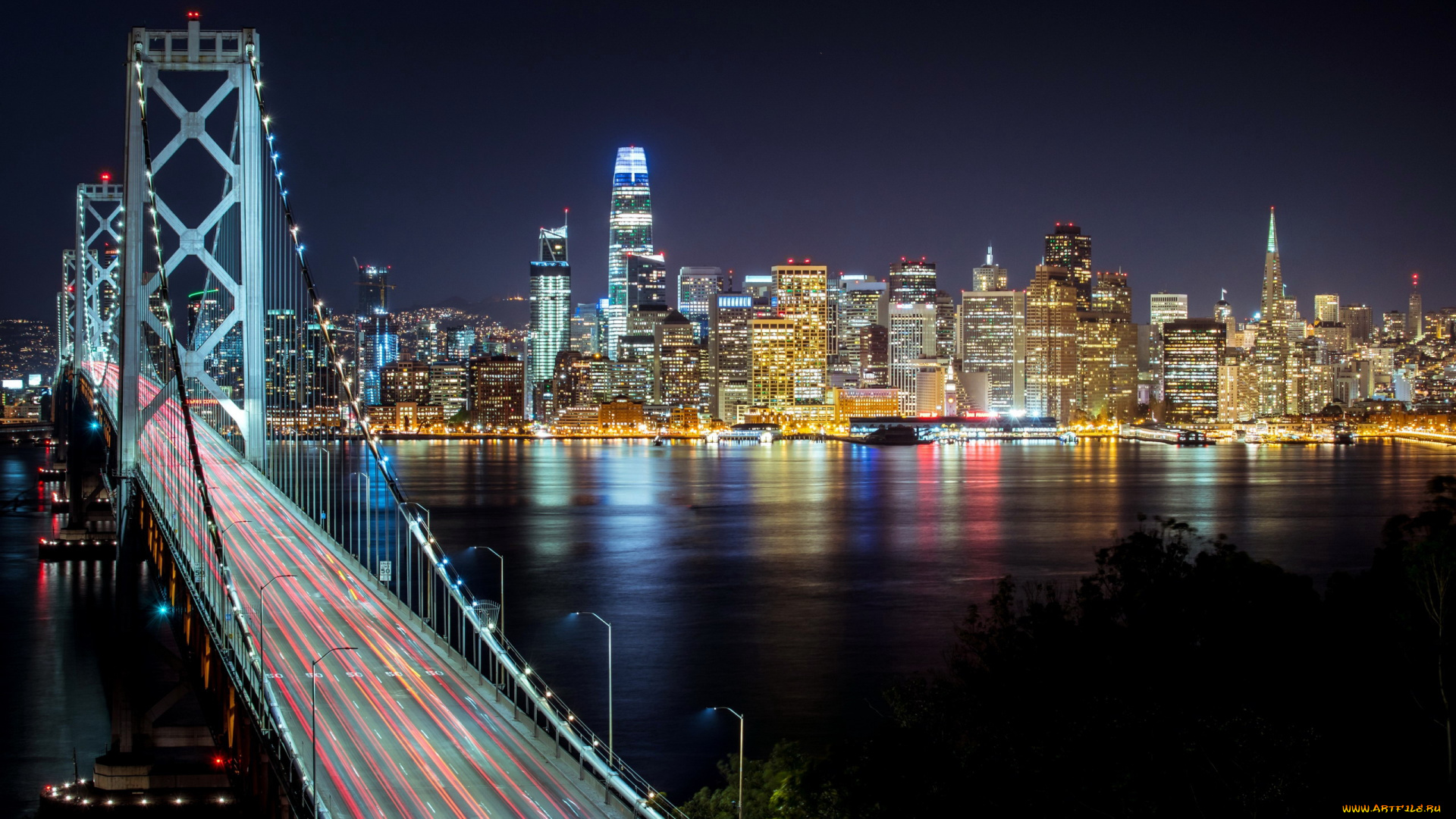 города, сан-франциско, , сша, мост, вечер, огни