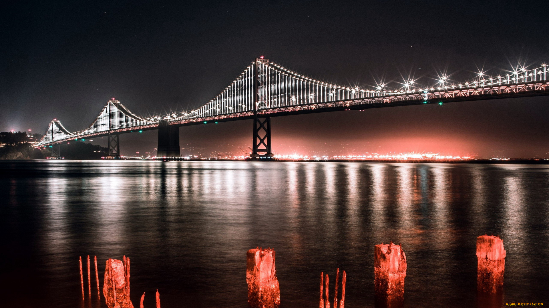 города, сан-франциско, , сша, мост, вечер, огни