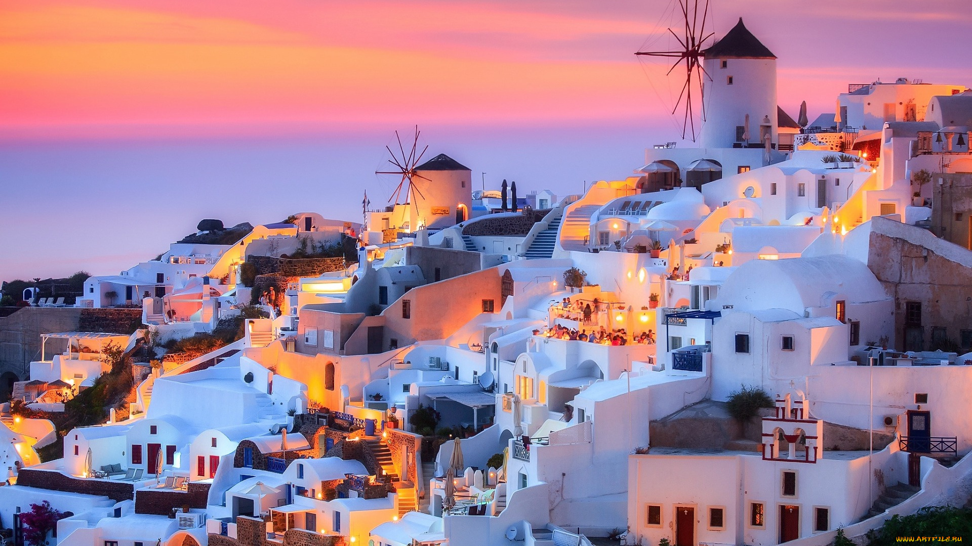 города, санторини, , греция, панорама, вечер, огни