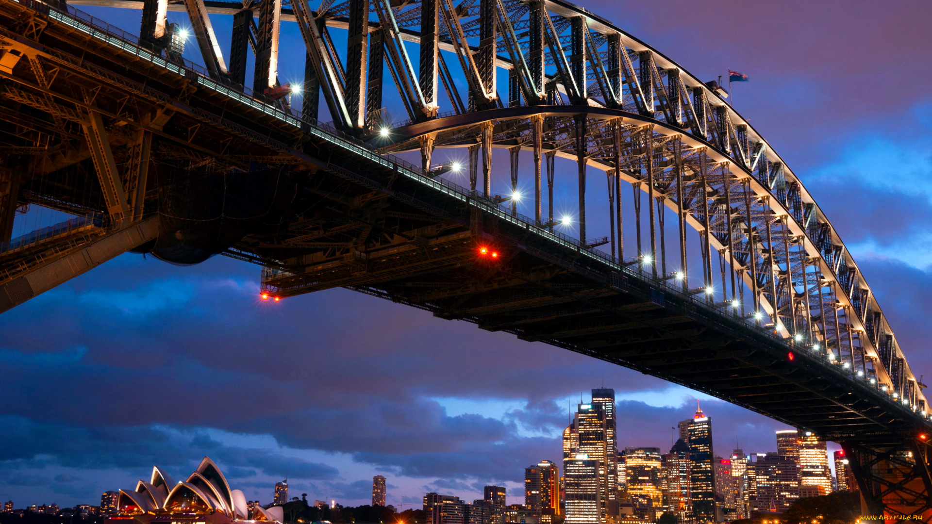 города, сидней, , австралия, мост, вечер, огни